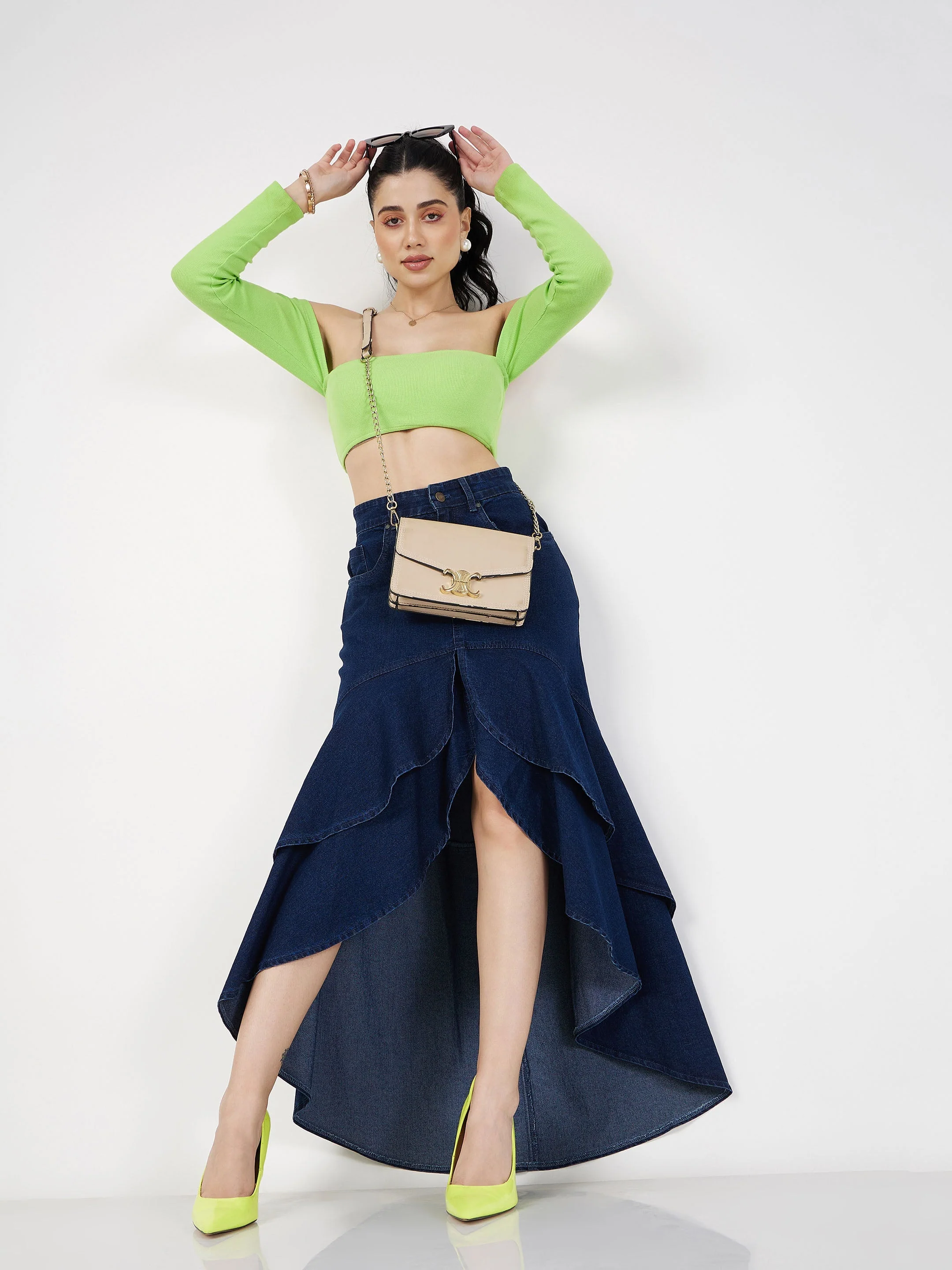 Women Navy Blue Denim Ruffle High Low Skirt - Image 6