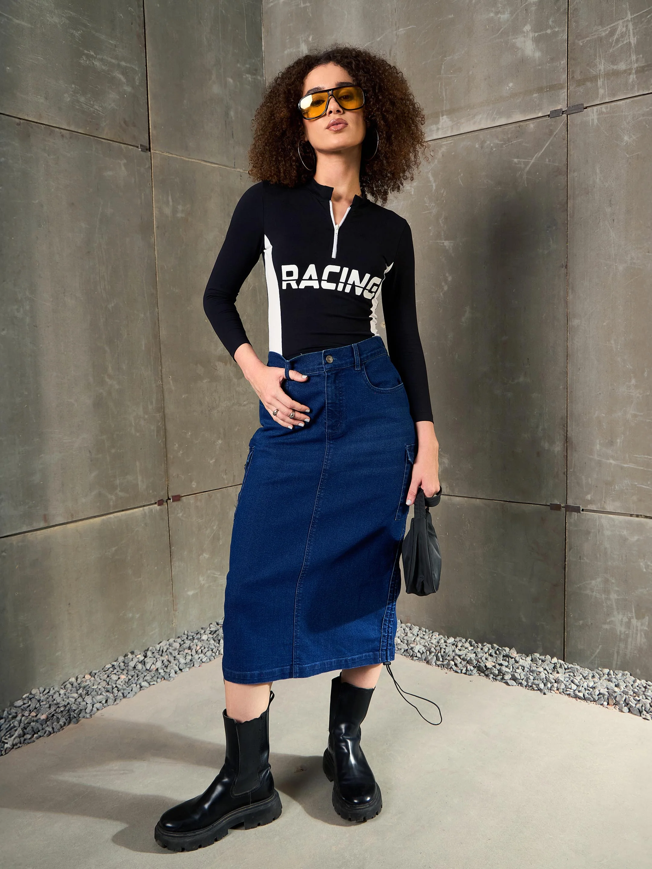 Women Navy Blue Denim Side Ruching Pencil Skirt - Image 2