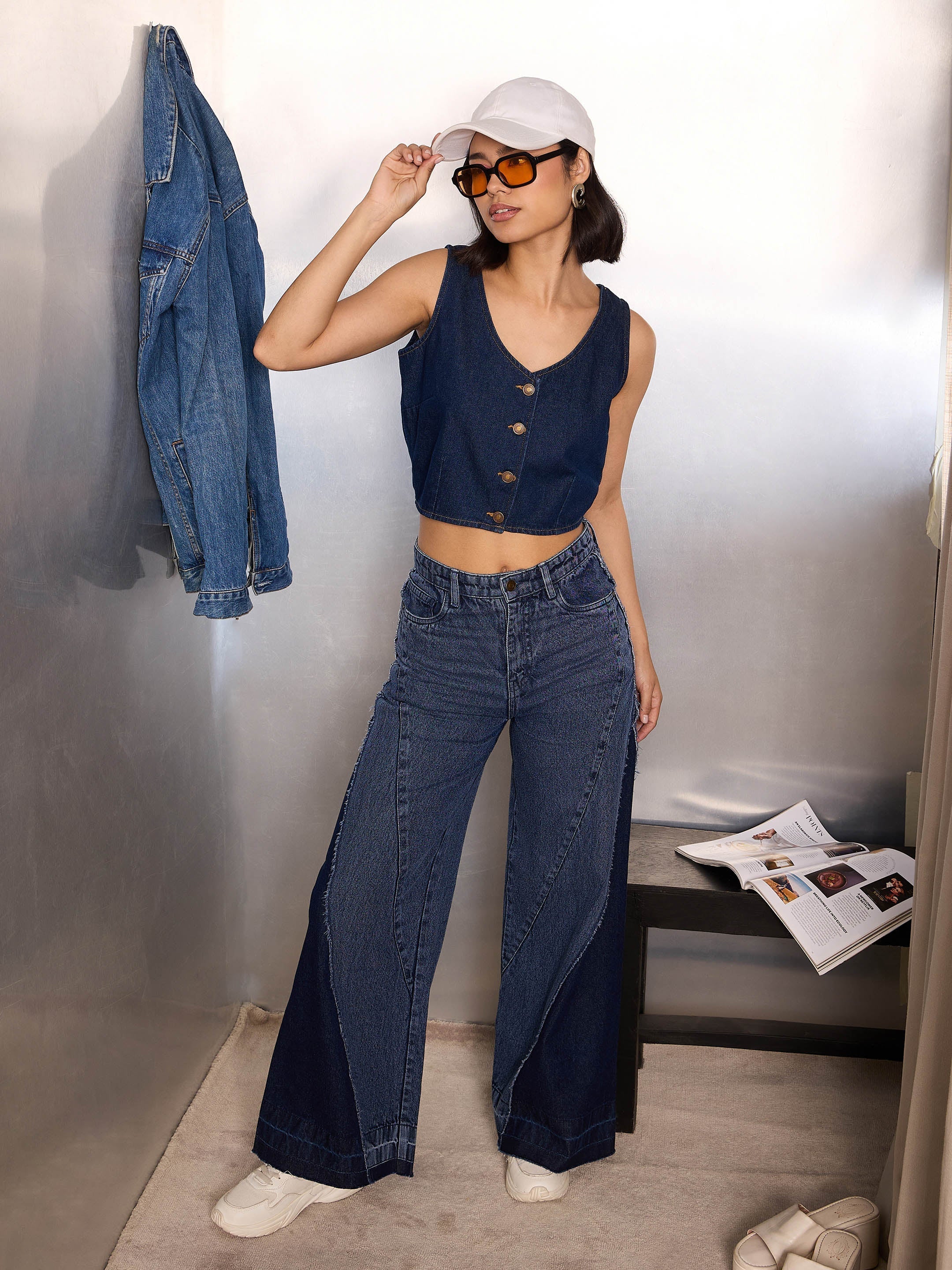 Women Navy Blue Denim Sleeveless Crop Top - Image 2