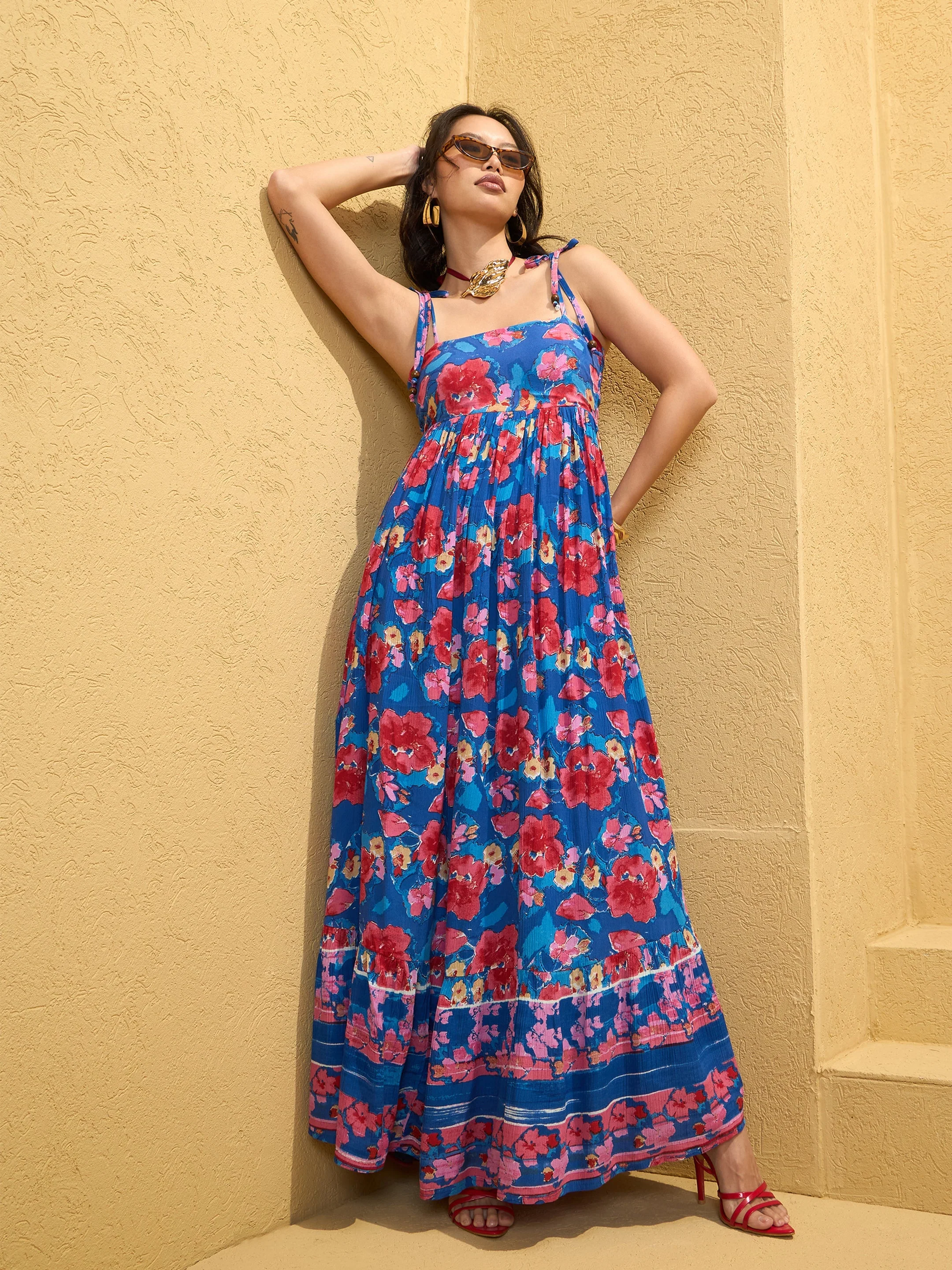Women Navy Blue Floral Strappy Tie-up Maxi Dress - Image 4