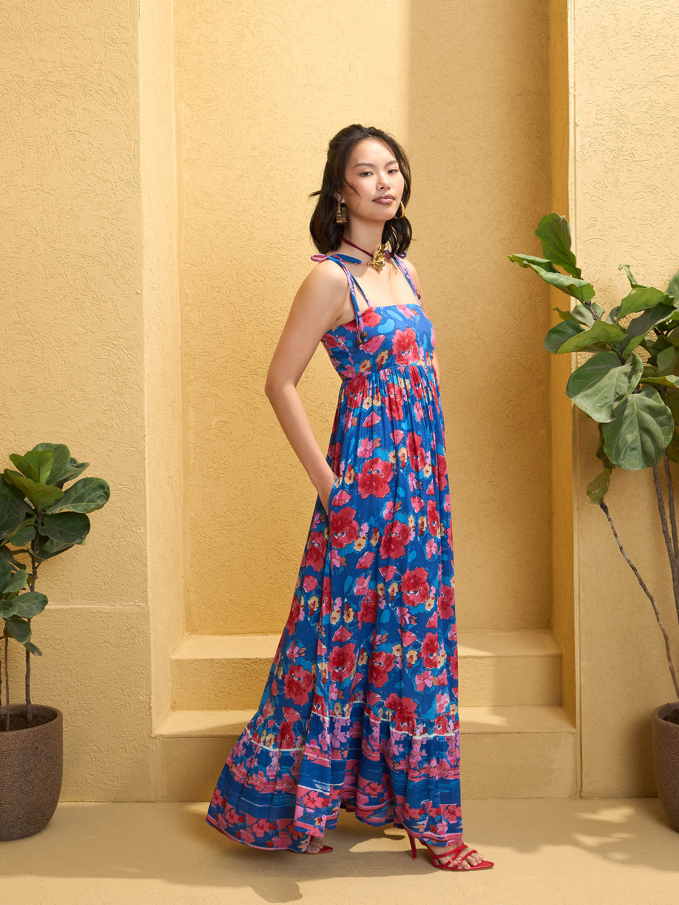 Women Navy Blue Floral Strappy Tie-up Maxi Dress - Image 5