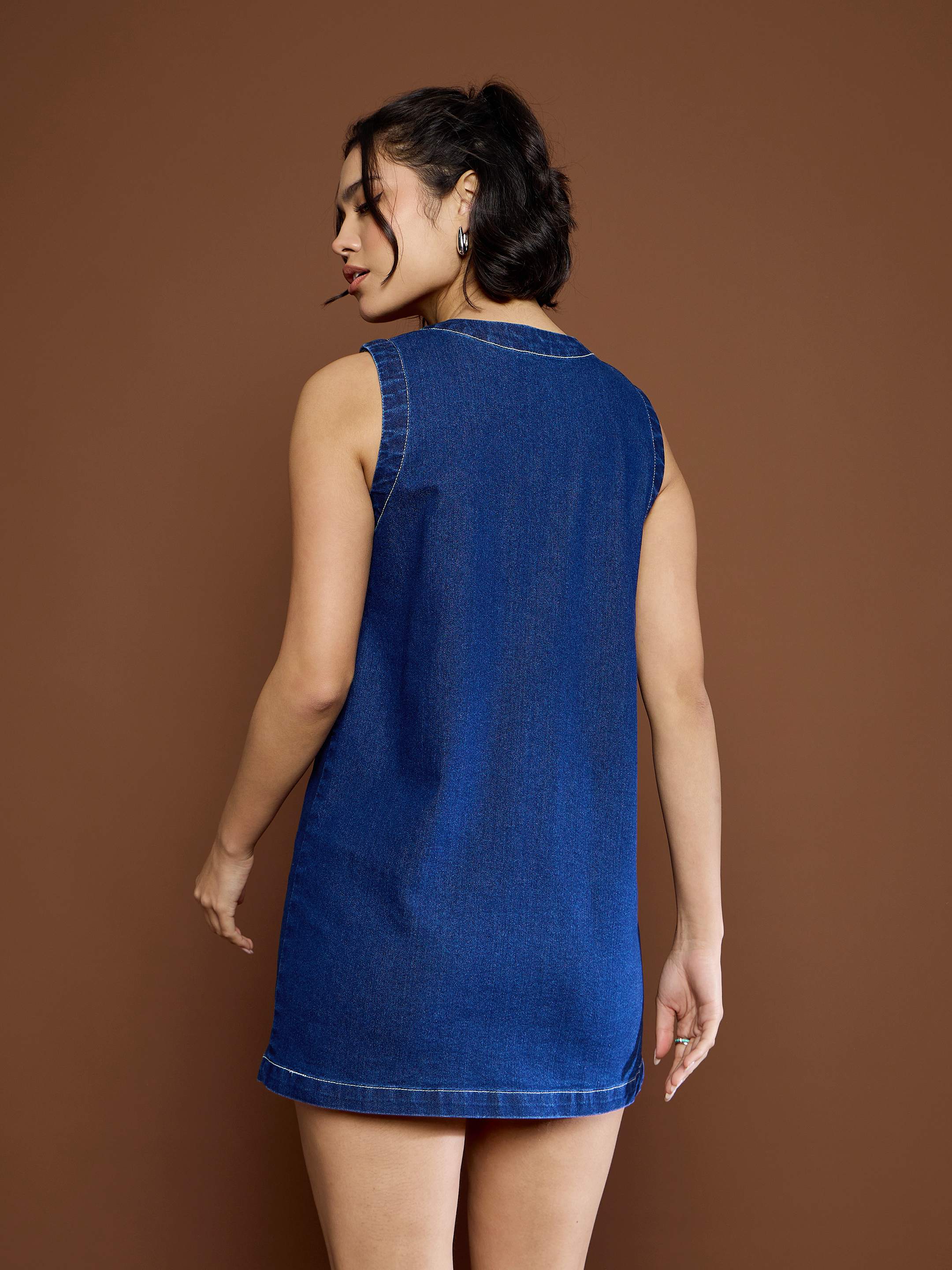 Women Navy Blue Front Pocket Short Dress - Image 5