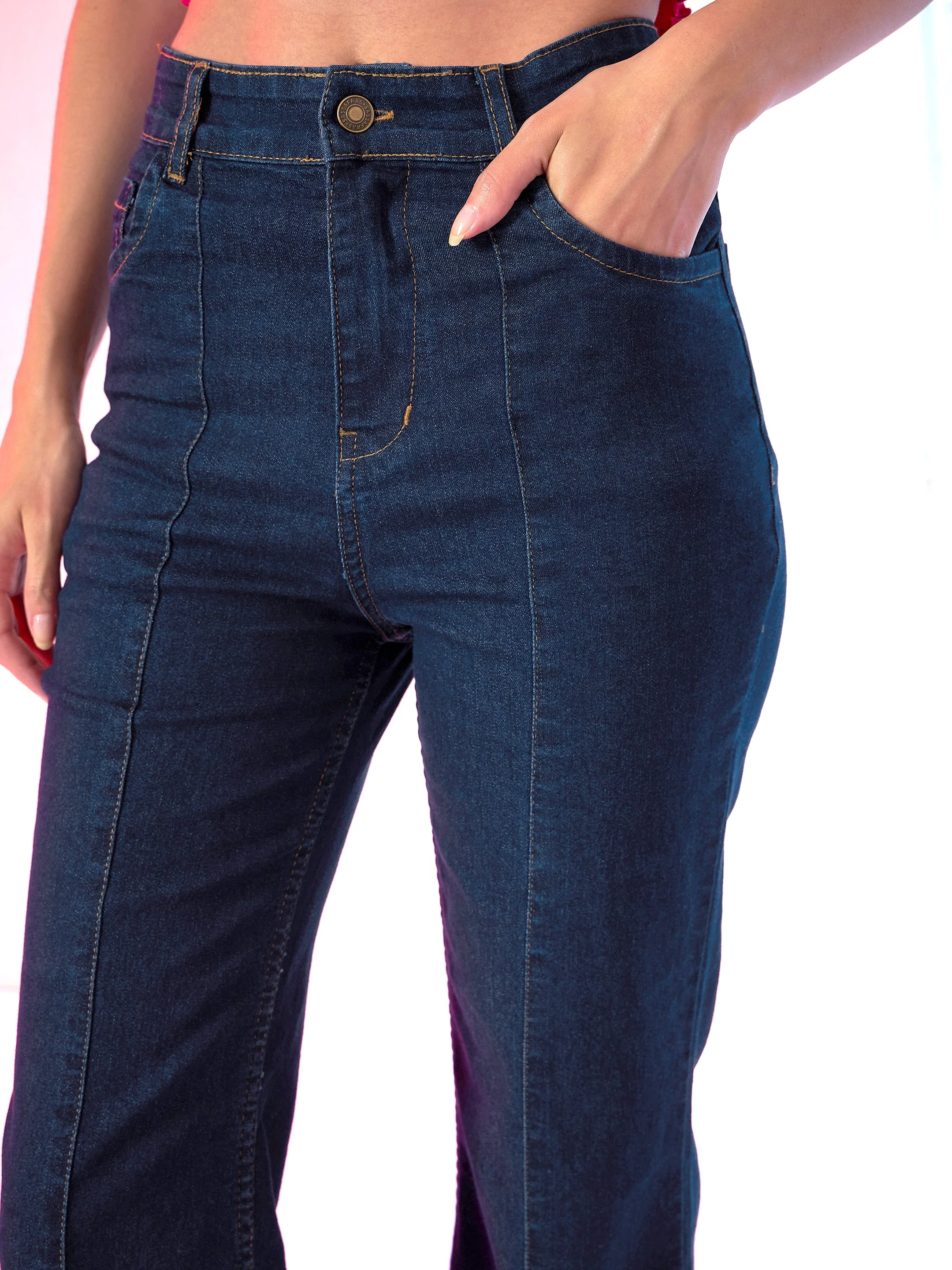 Women Navy Blue Front Slit Bell Bottom Jeans - Image 4