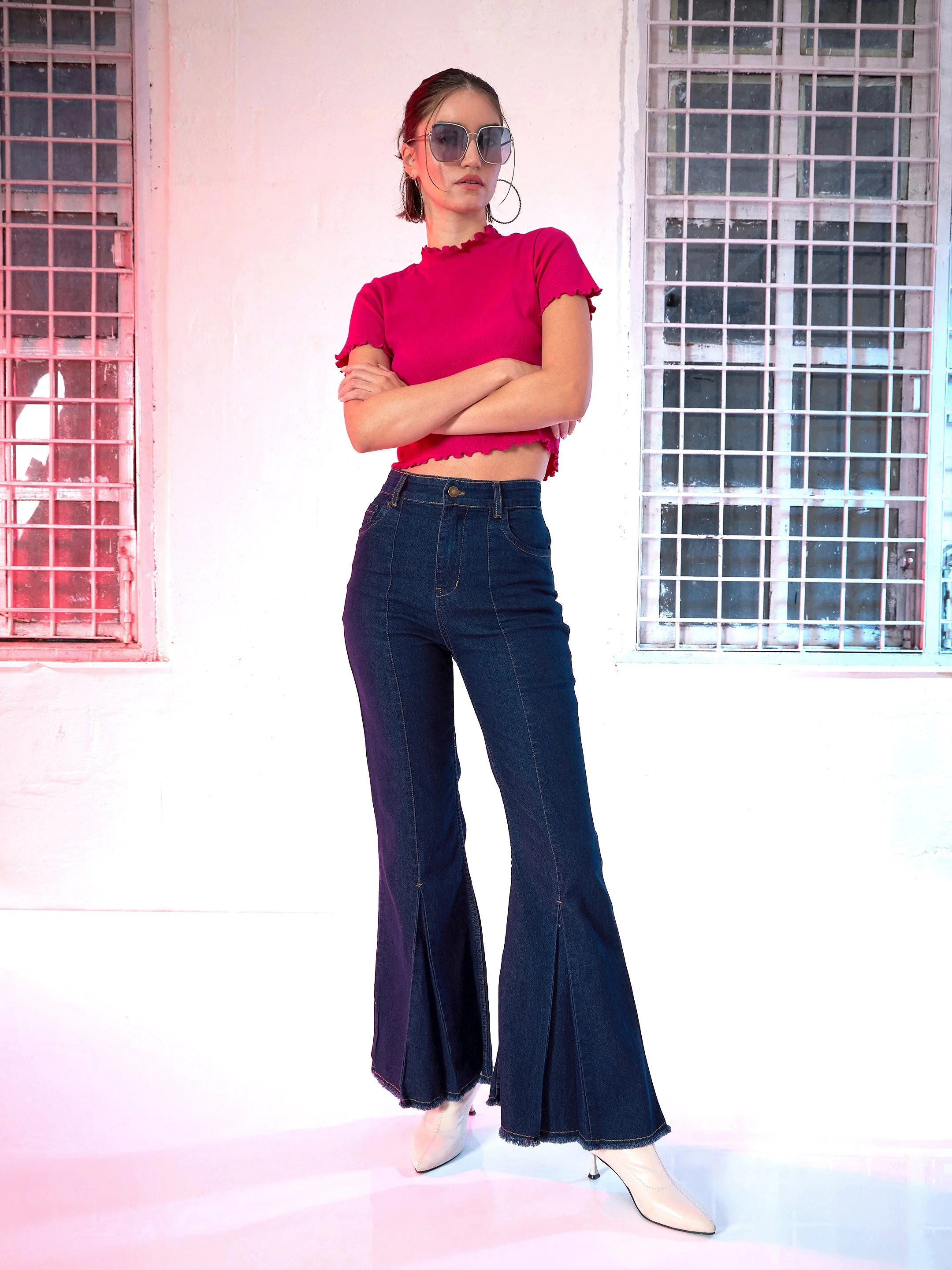 Women Navy Blue Front Slit Bell Bottom Jeans - Image 6
