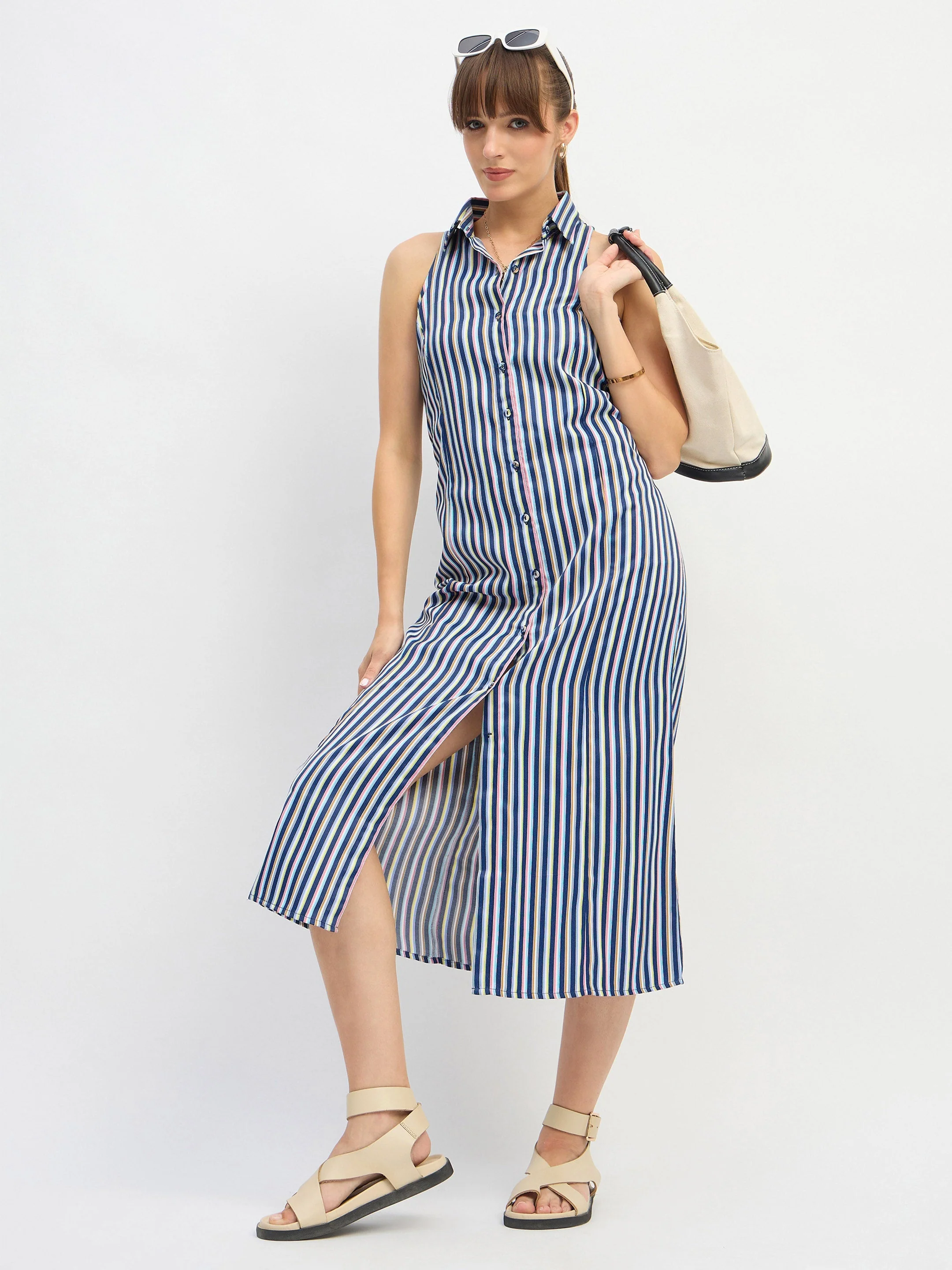 Women Navy Blue Penny Stripes Sleeveless Midi Dress - Image 2