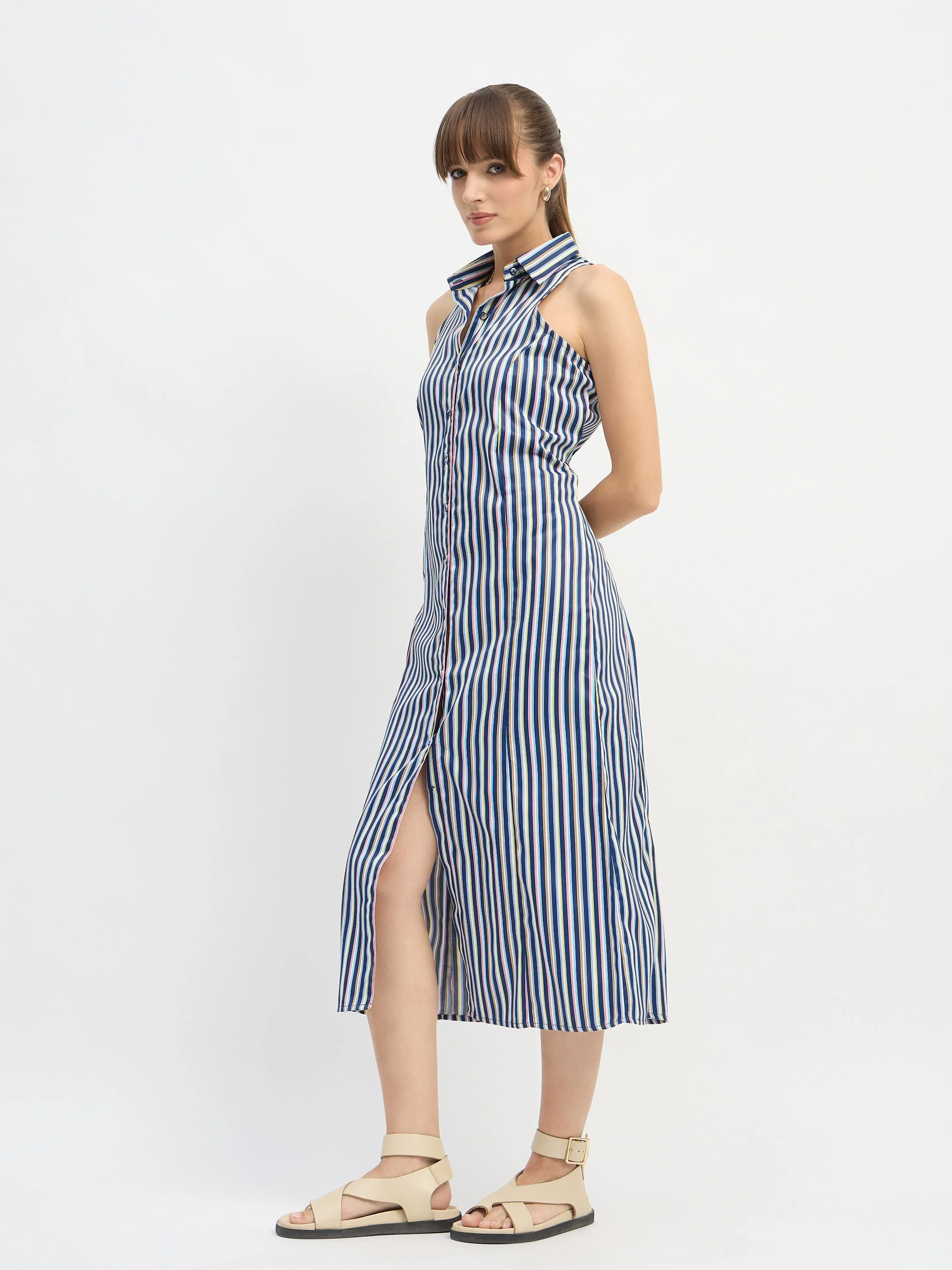 Women Navy Blue Penny Stripes Sleeveless Midi Dress - Image 3