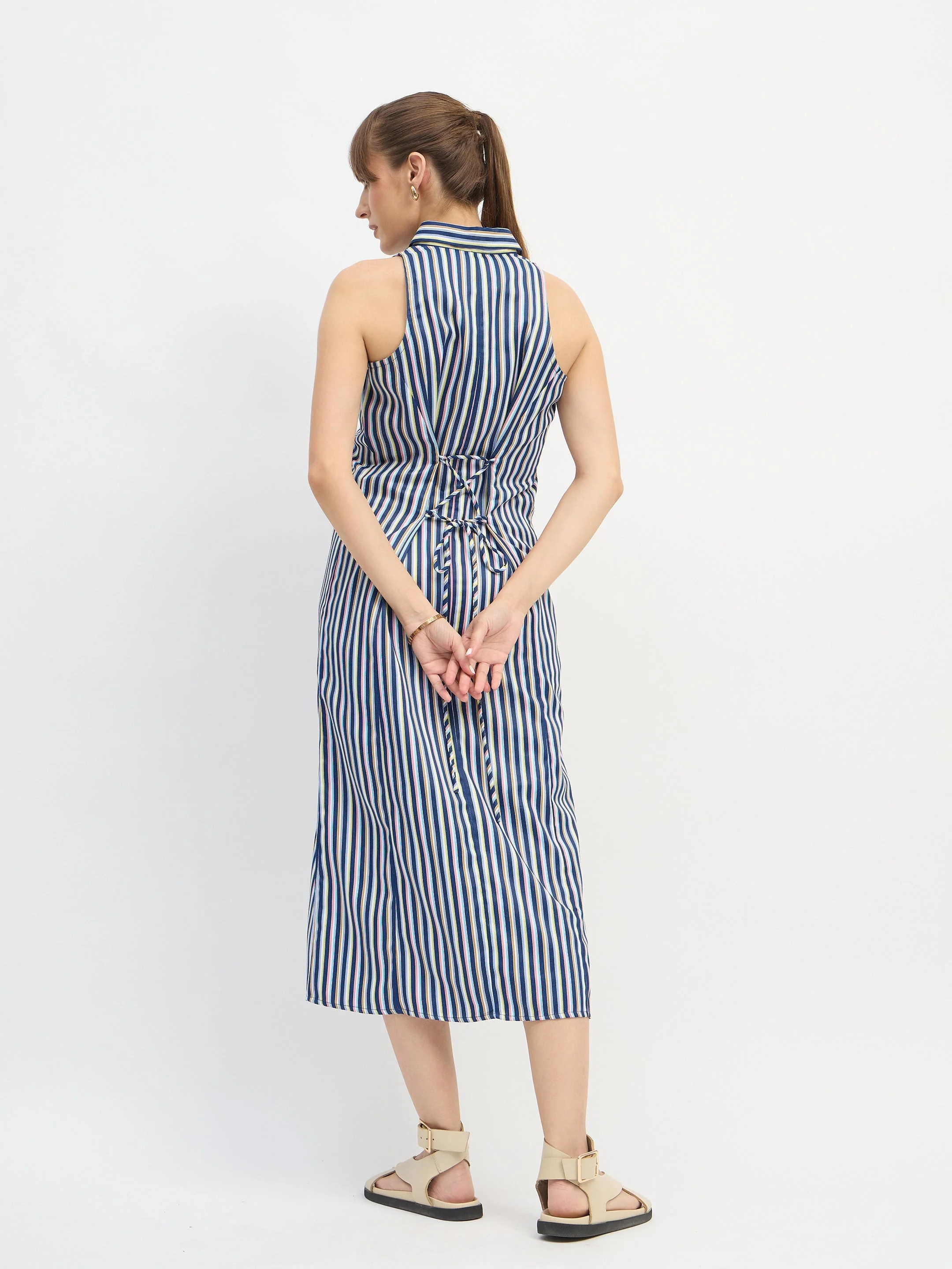 Women Navy Blue Penny Stripes Sleeveless Midi Dress - Image 5