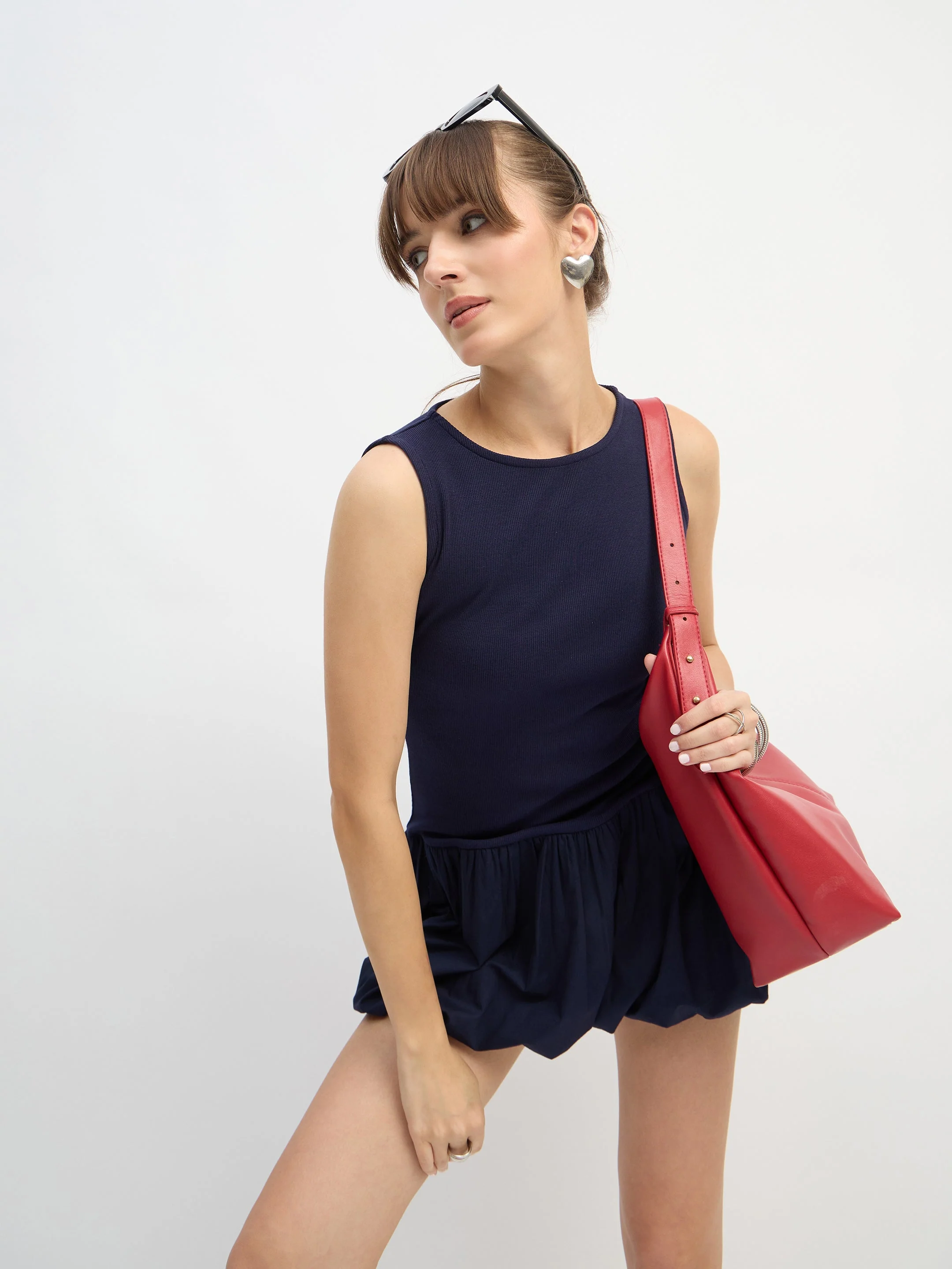 Women Navy Blue Rib Balloon Hem Detail Short Dress - Image 2
