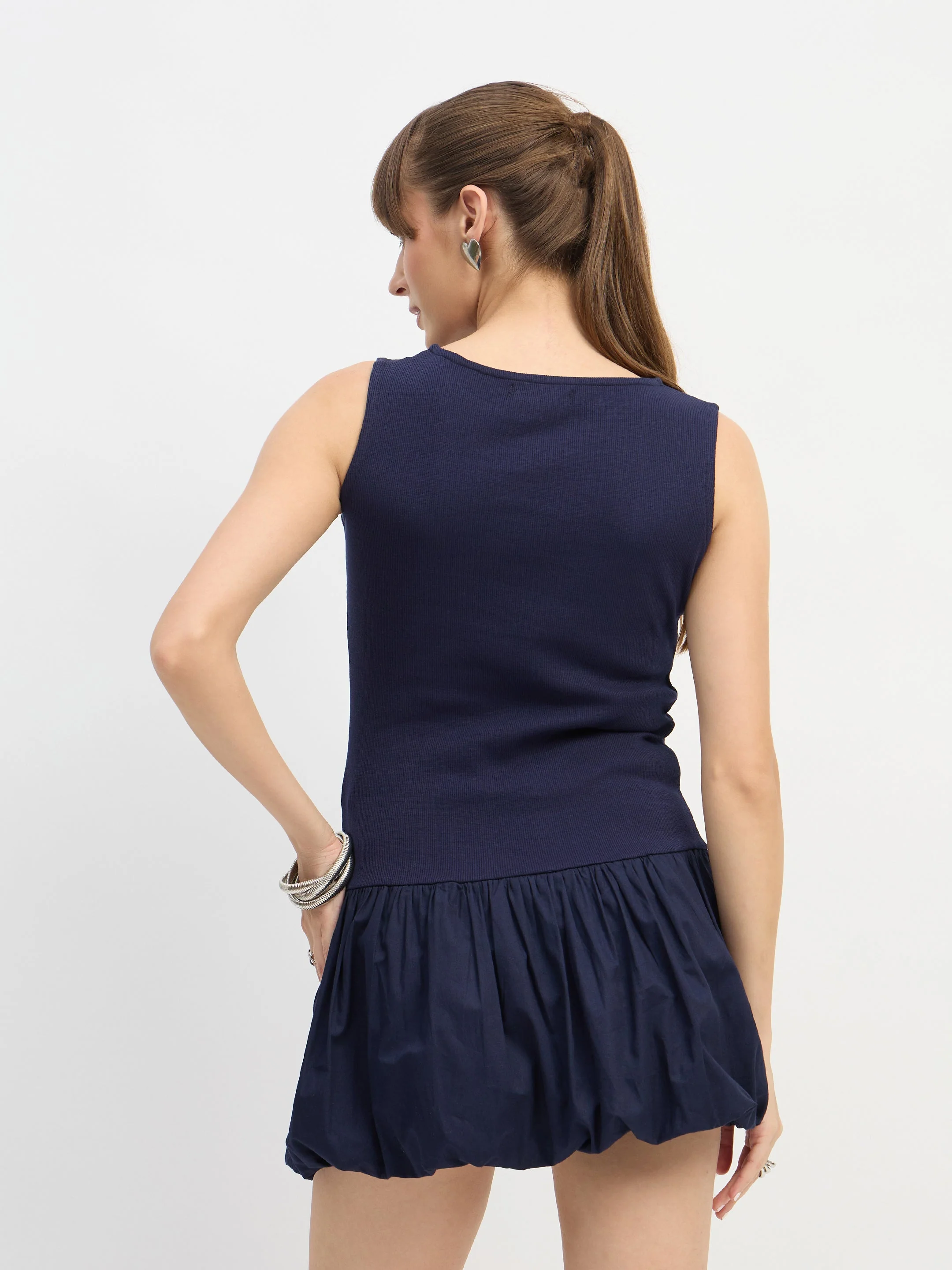 Women Navy Blue Rib Balloon Hem Detail Short Dress - Image 5