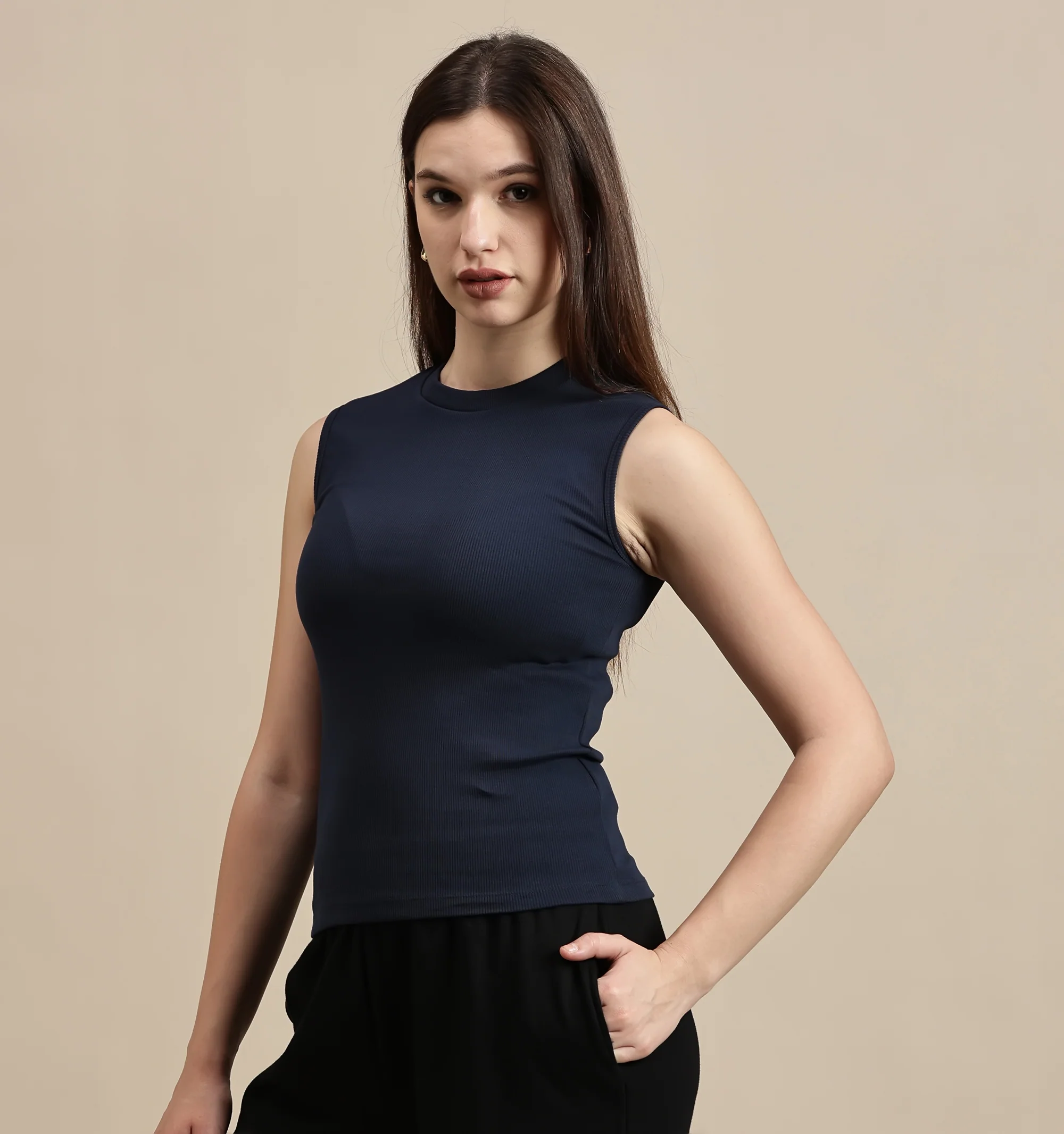 Women Navy Blue Sleeveless Top - Image 5