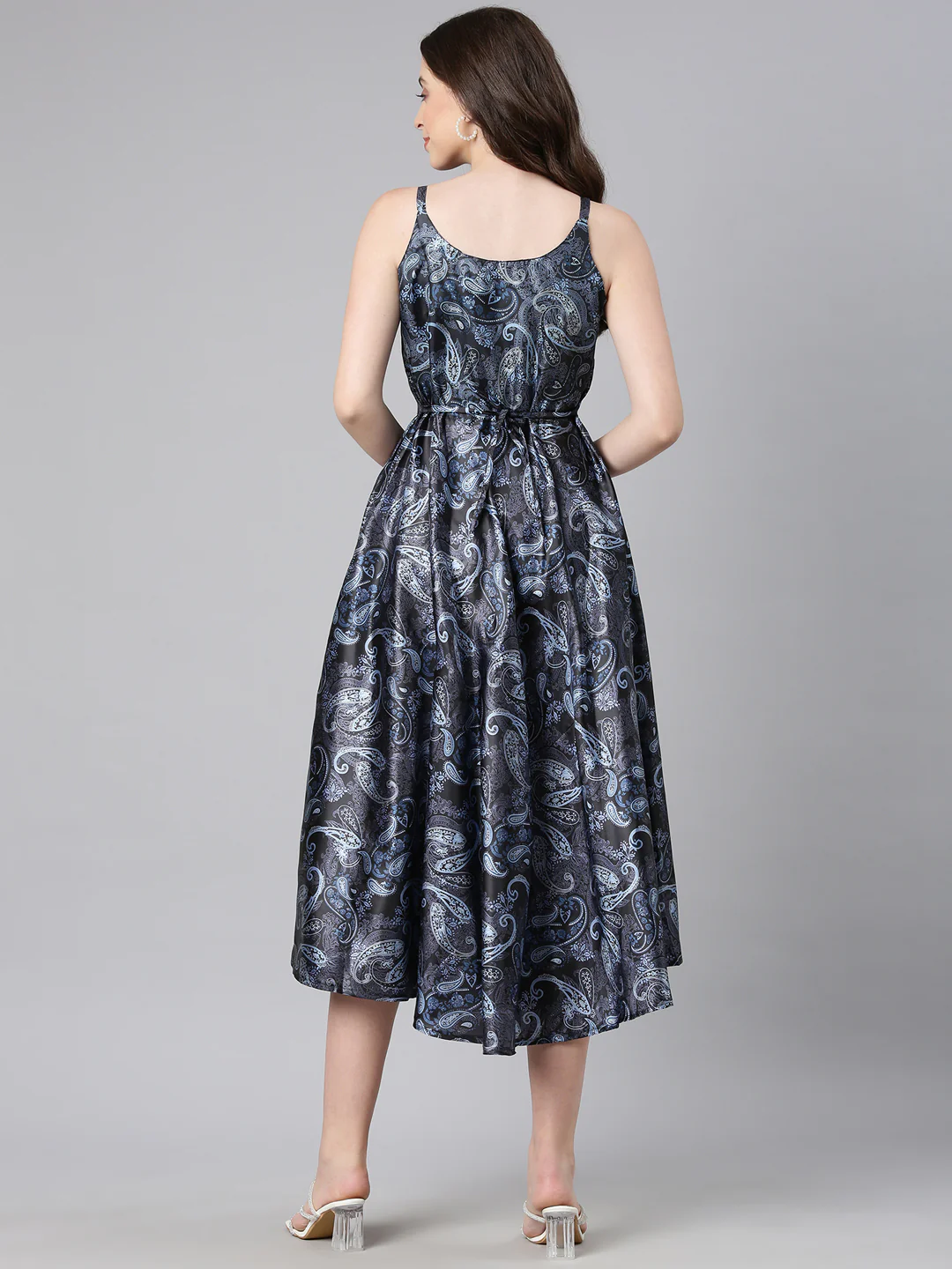 Women Navy Blue Satin Dress - Image 10