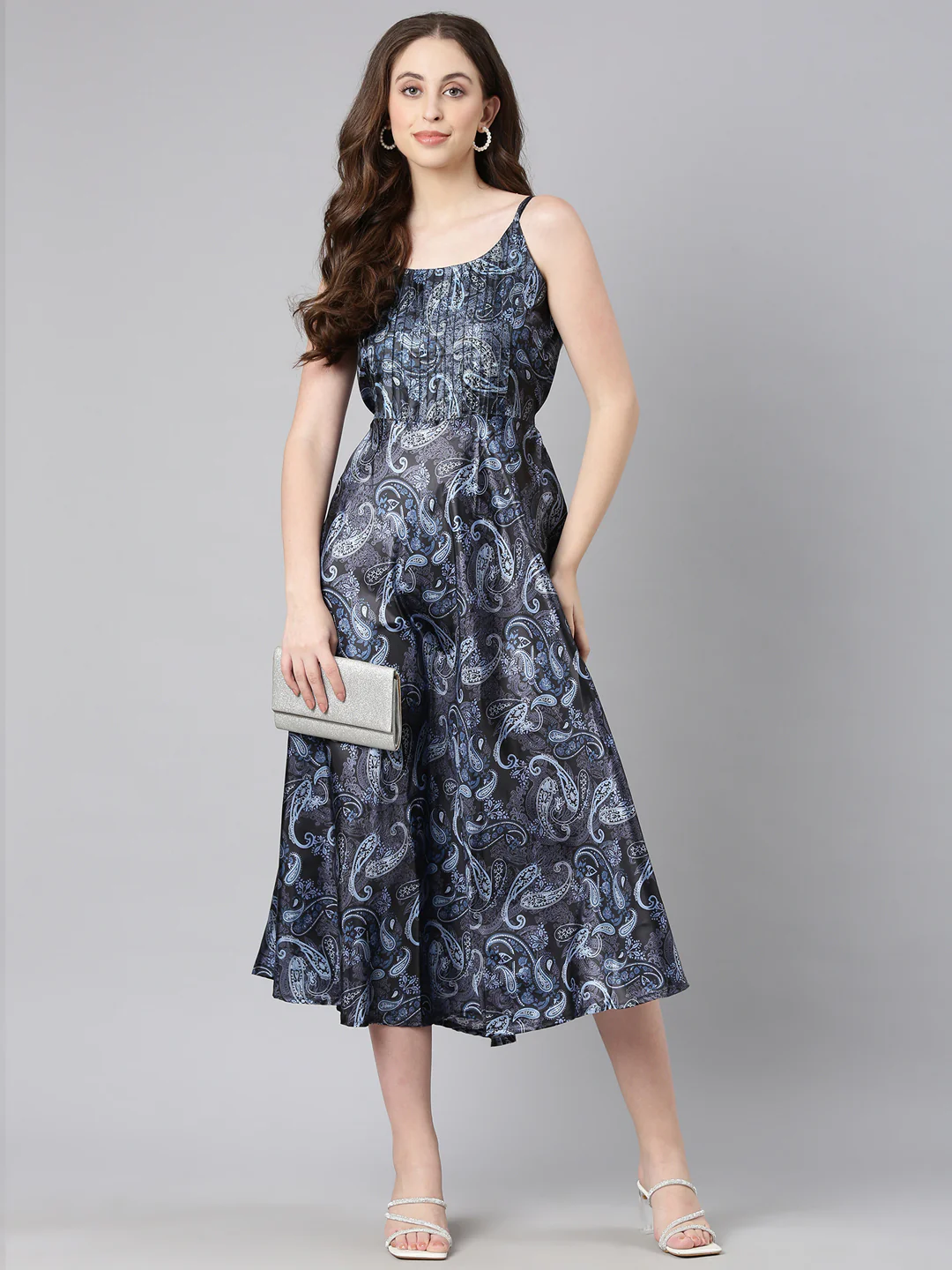 Women Navy Blue Satin Dress - Image 11