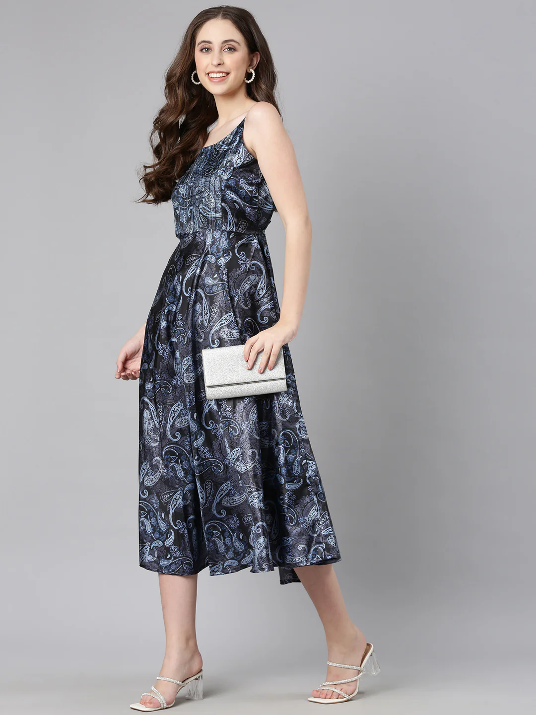 Women Navy Blue Satin Dress - Image 12