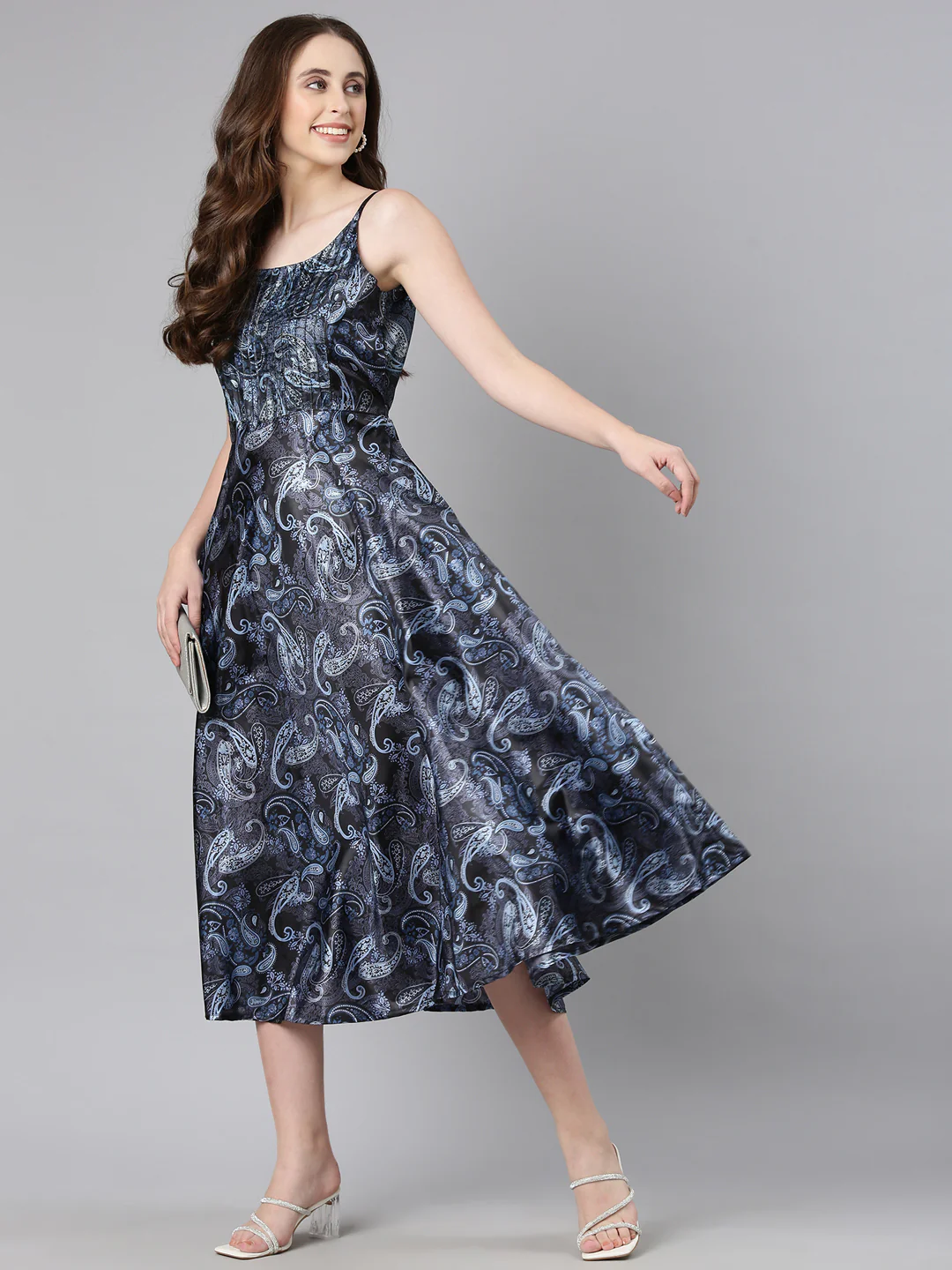 Women Navy Blue Satin Dress - Image 13