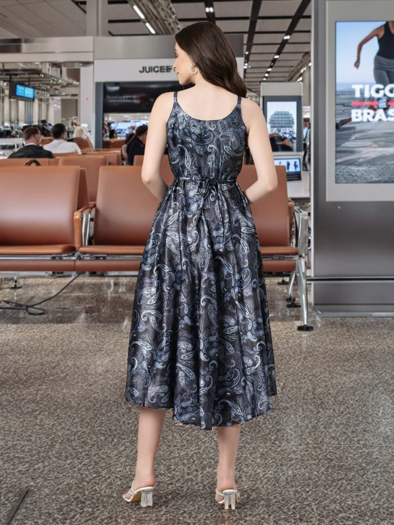 Women Navy Blue Satin Dress - Image 5