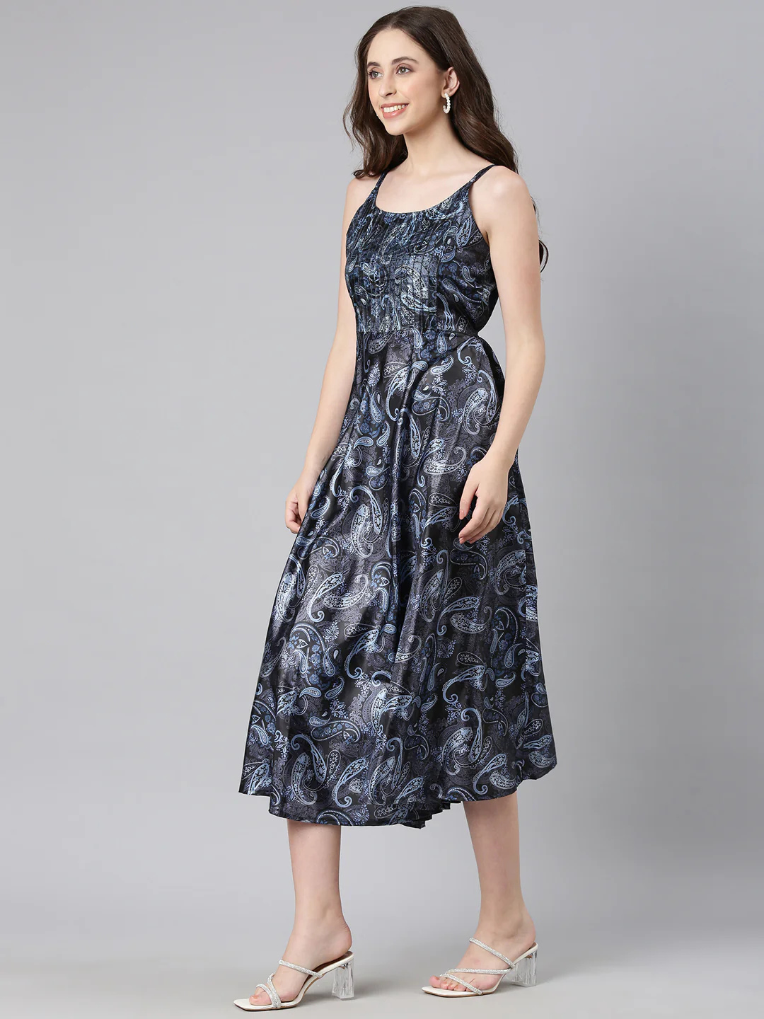 Women Navy Blue Satin Dress - Image 8