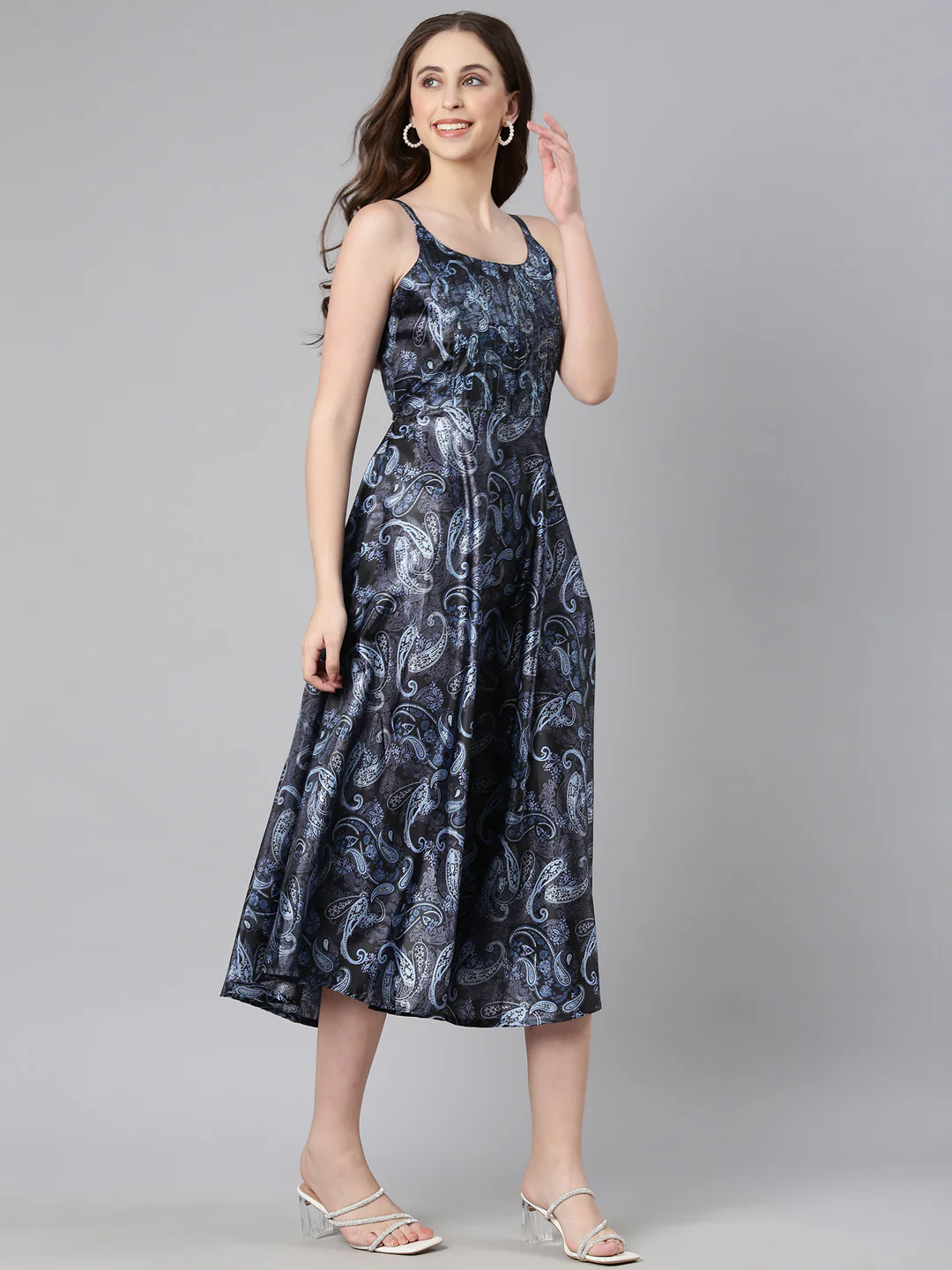 Women Navy Blue Satin Dress - Image 9