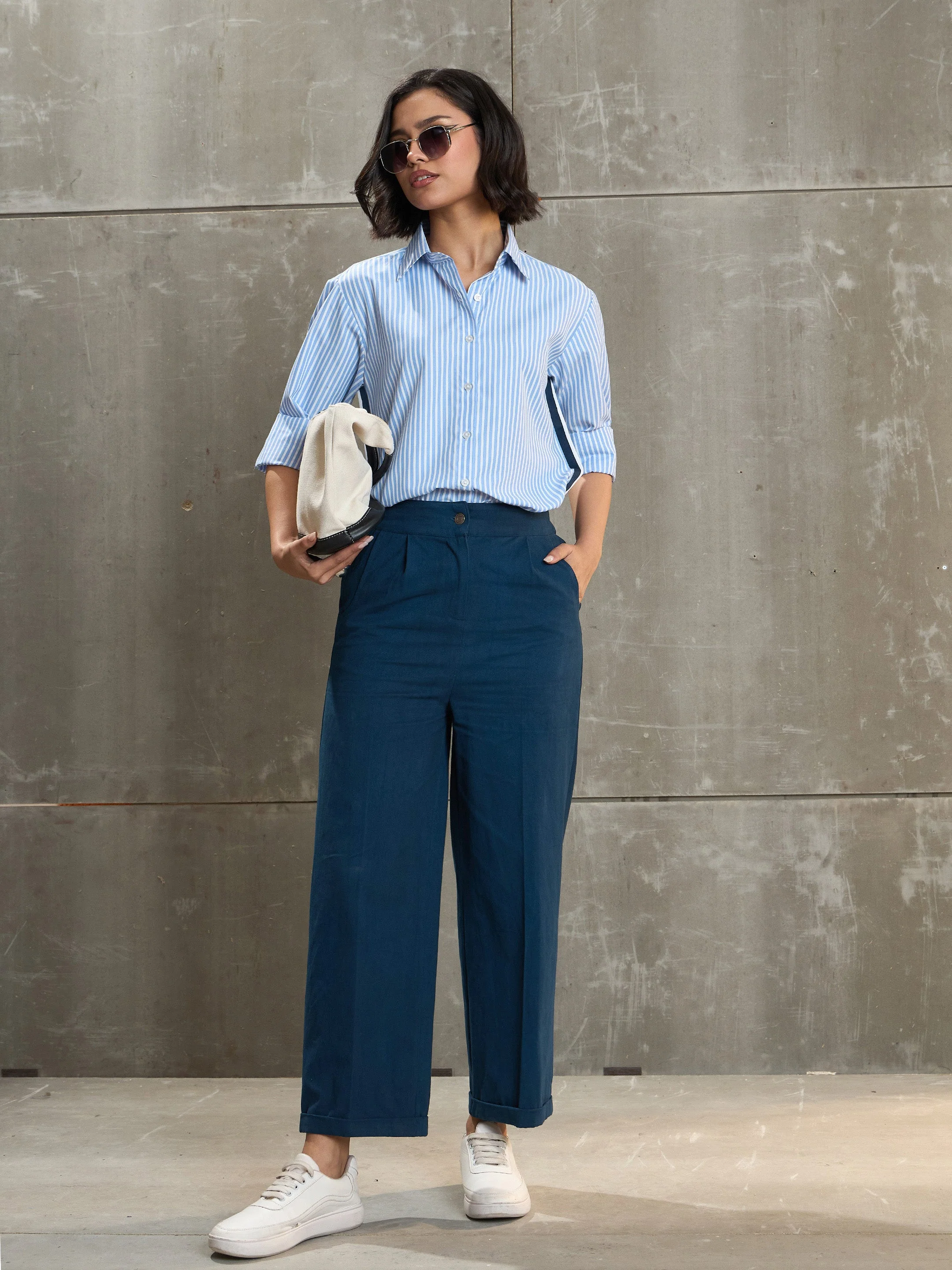Women Navy Blue Twill Wide Leg Pants - Image 6