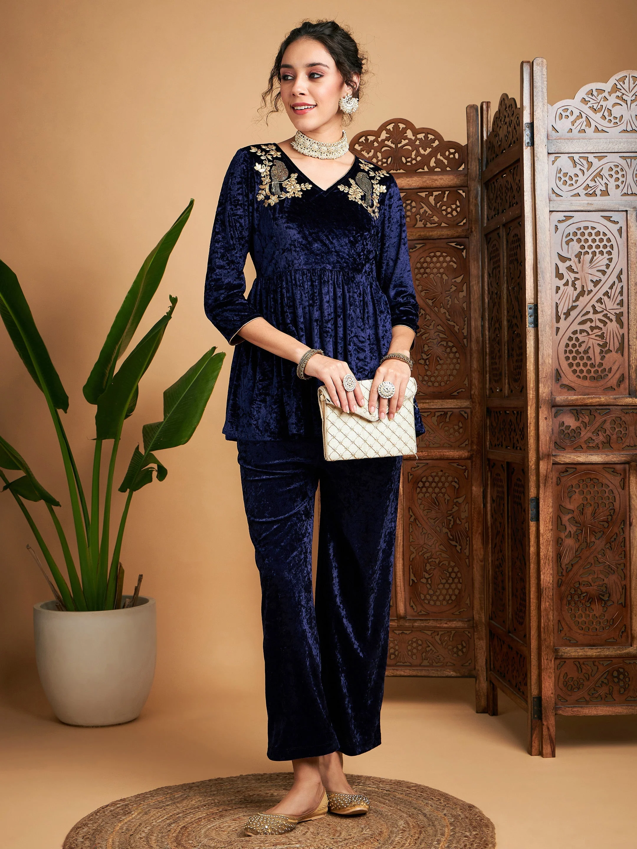 Women Navy Blue Velvet Embroidered Peplum Top - Image 2