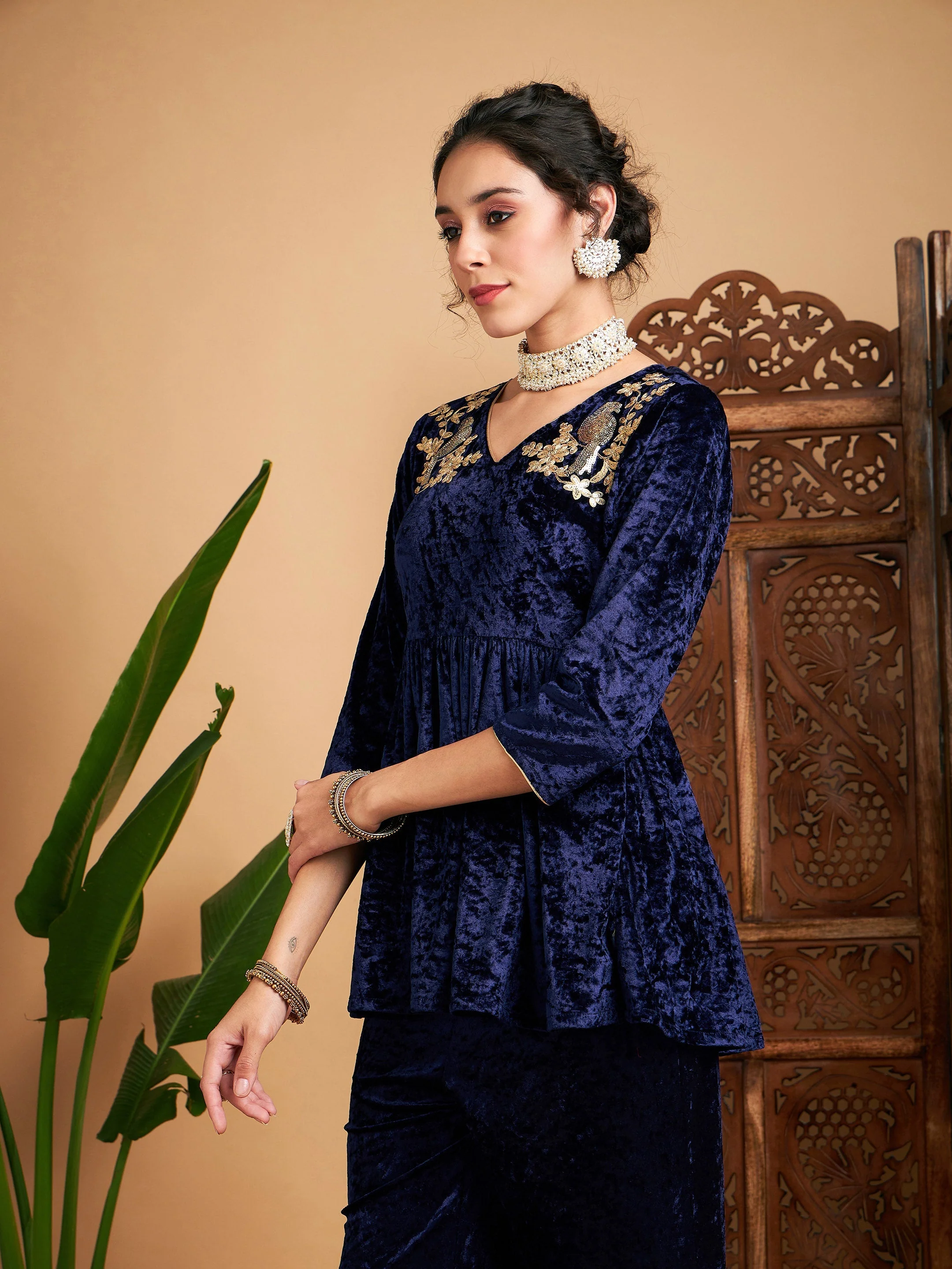 Women Navy Blue Velvet Embroidered Peplum Top - Image 3