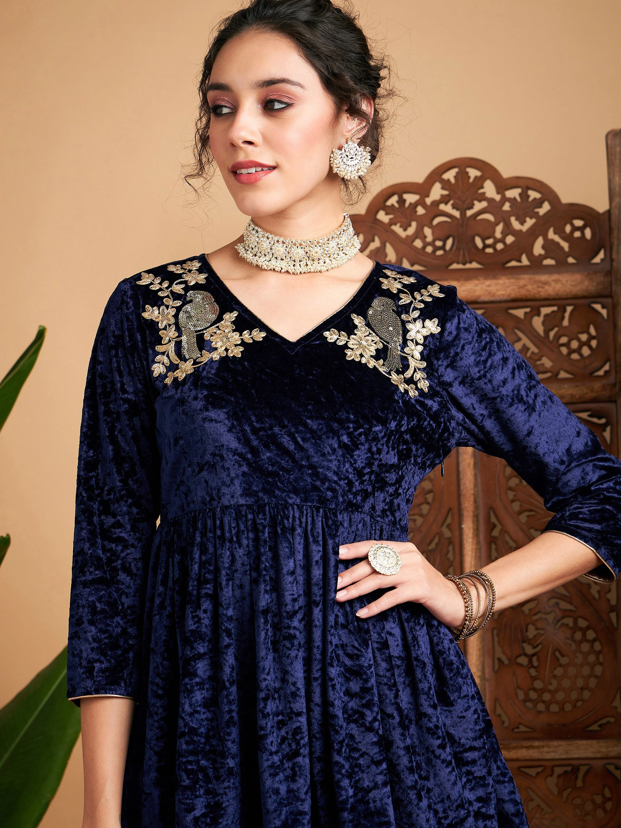 Women Navy Blue Velvet Embroidered Peplum Top - Image 4
