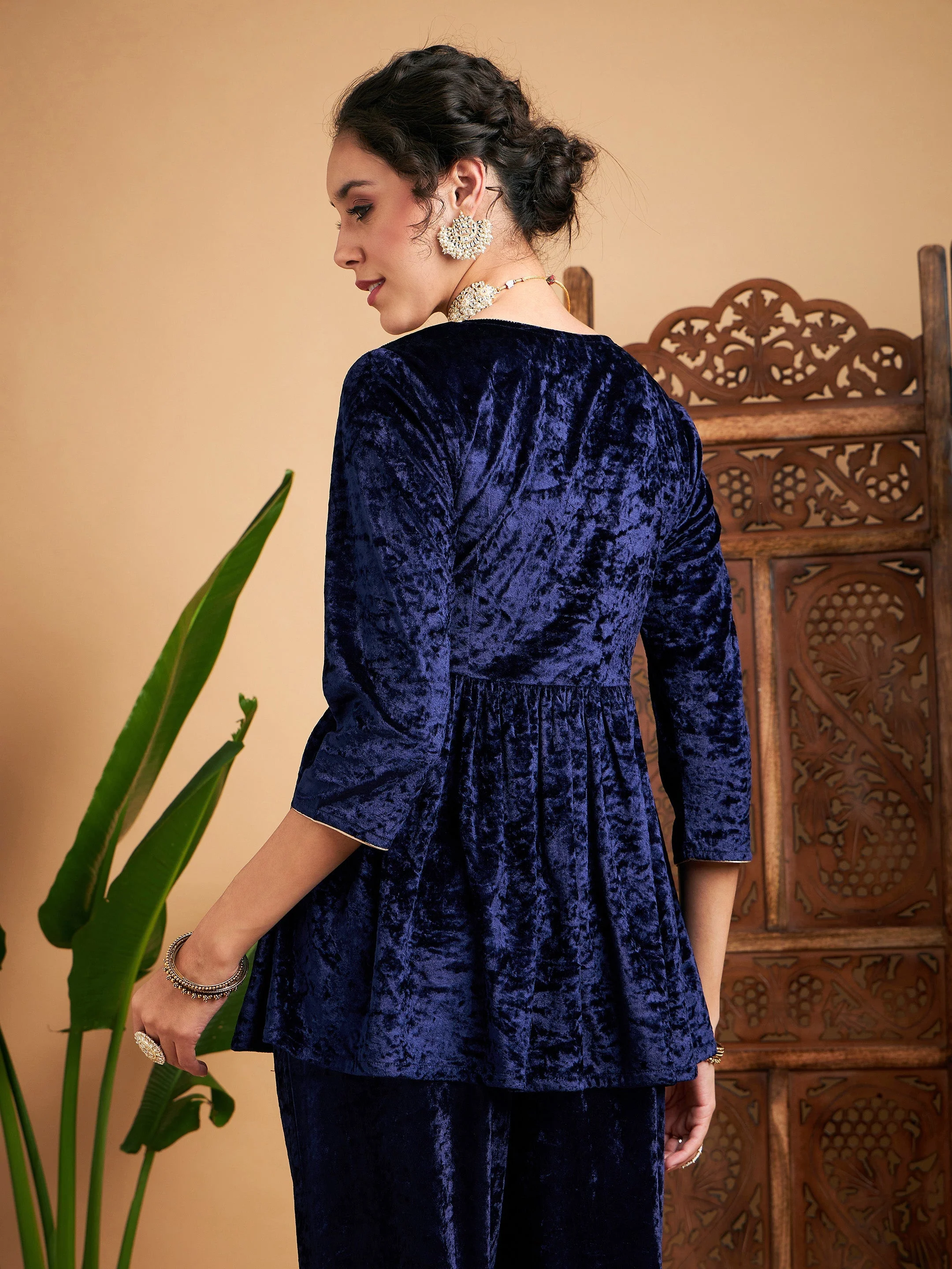 Women Navy Blue Velvet Embroidered Peplum Top - Image 5
