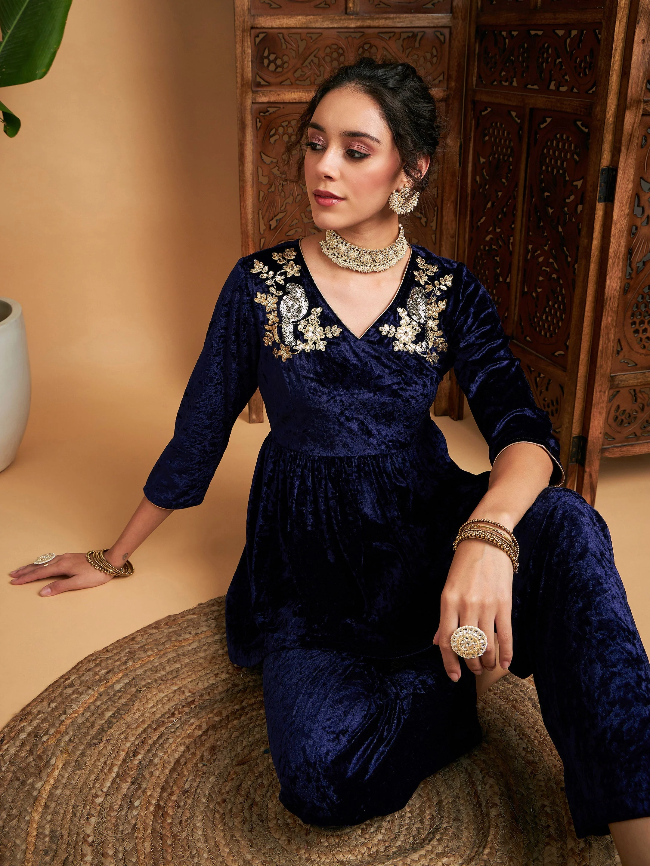 Women Navy Blue Velvet Embroidered Peplum Top - Image 6