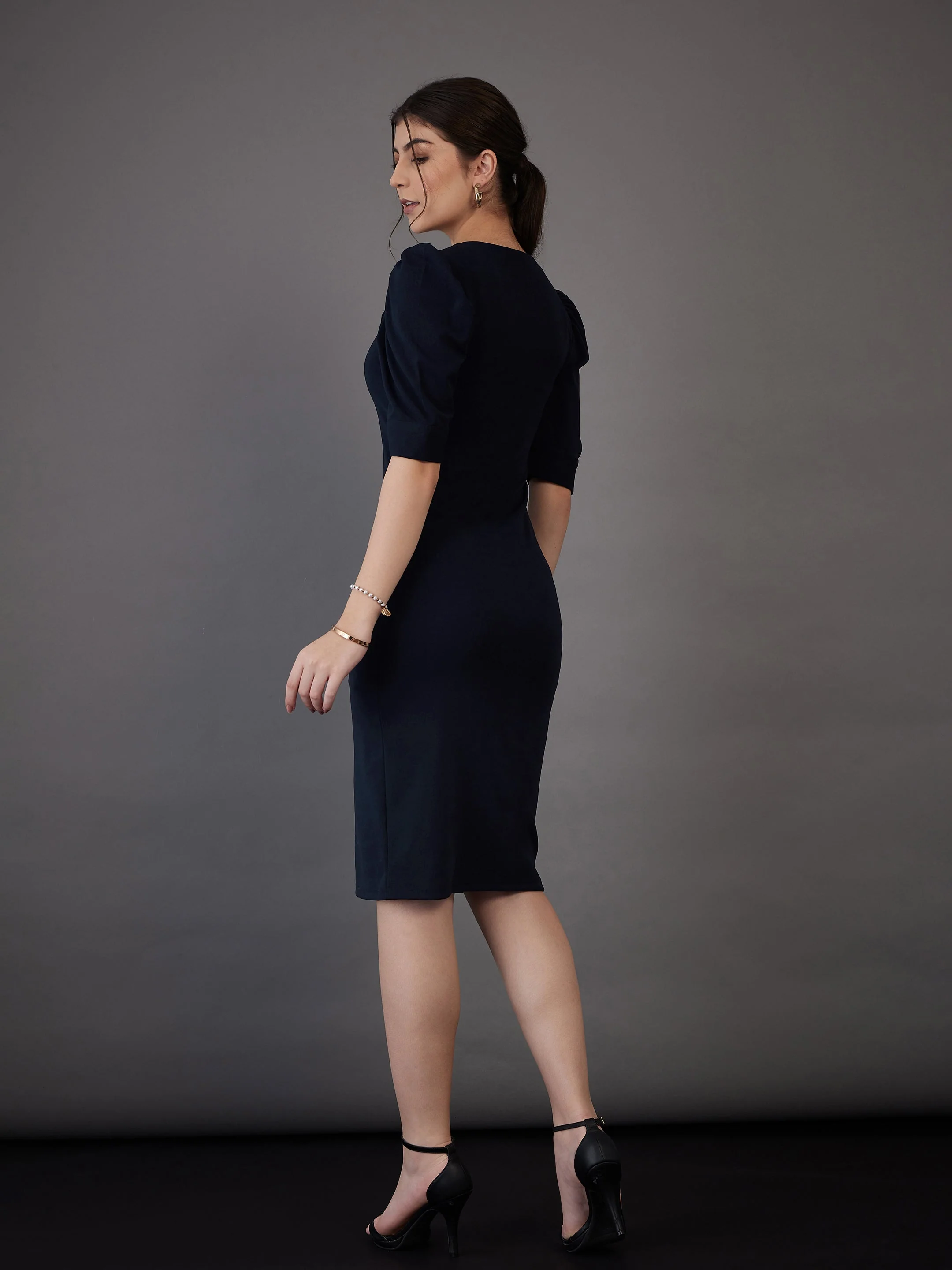 Women Navy Bodycon Midi Dress - Image 2
