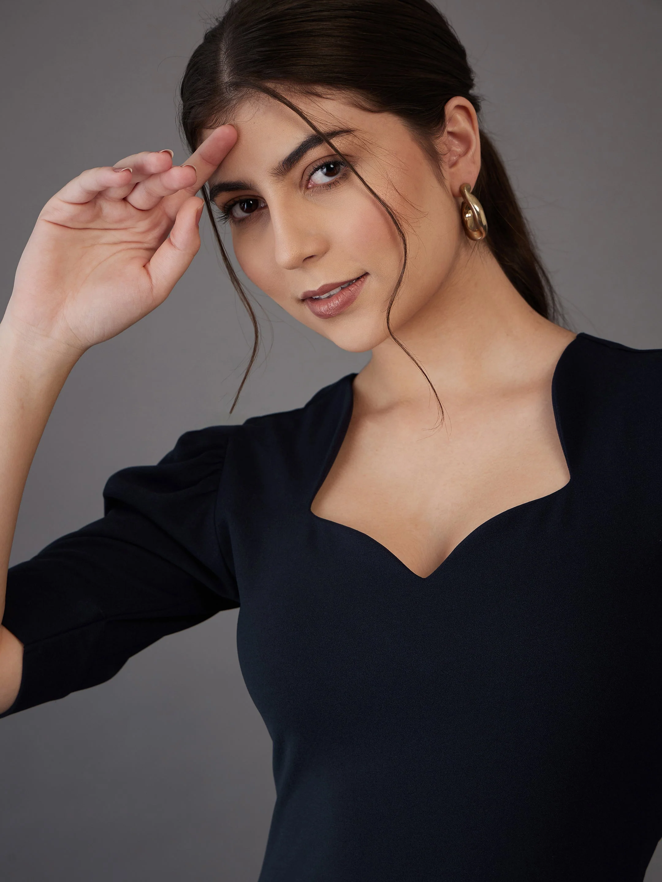 Women Navy Bodycon Midi Dress - Image 3