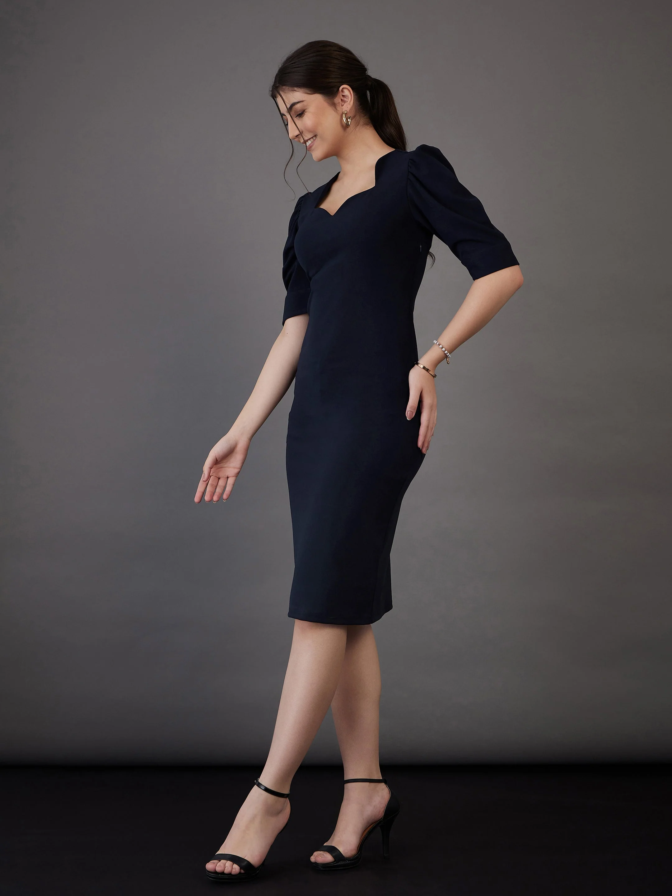 Women Navy Bodycon Midi Dress - Image 6