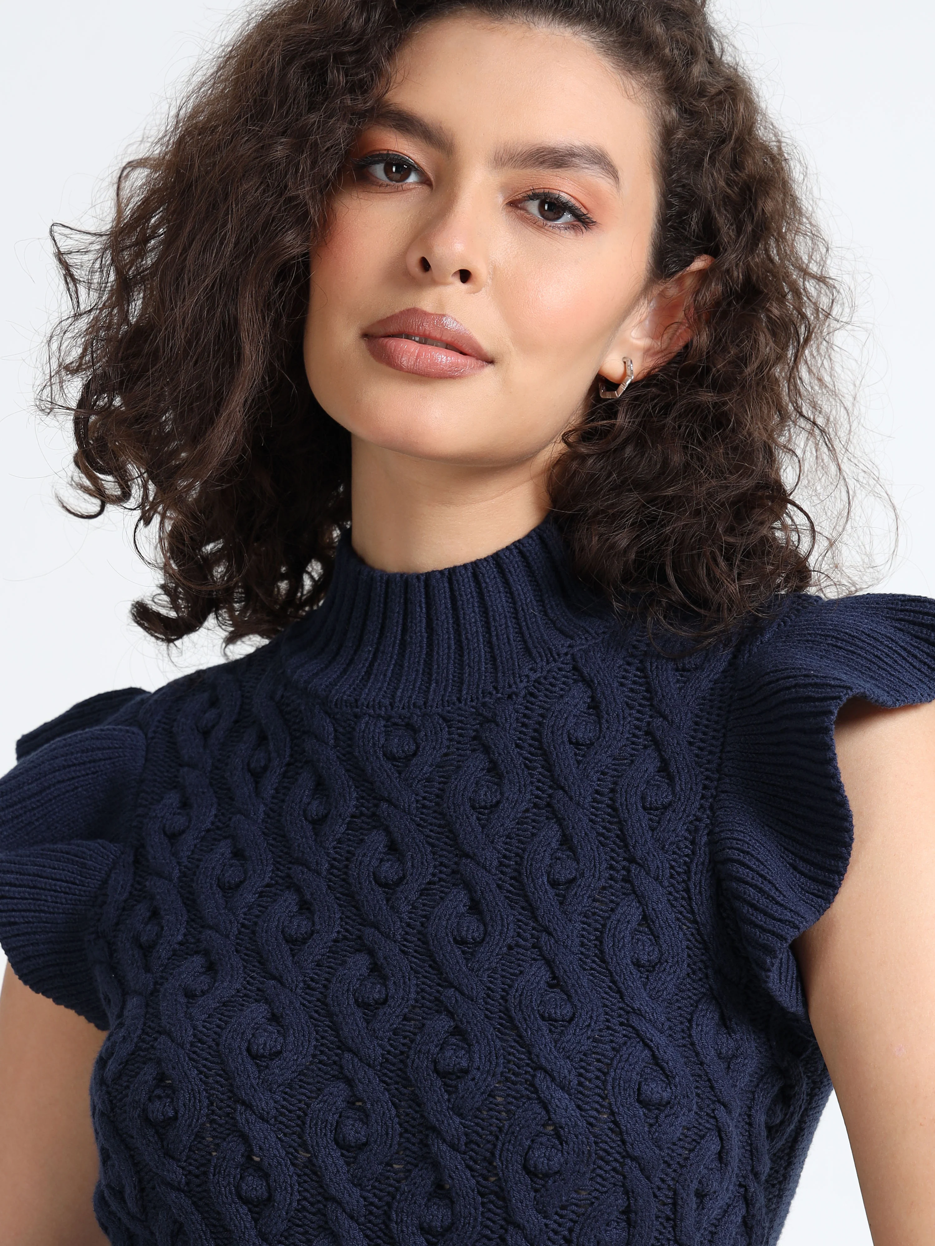 Women Navy Cable Knit Sweater - Image 2