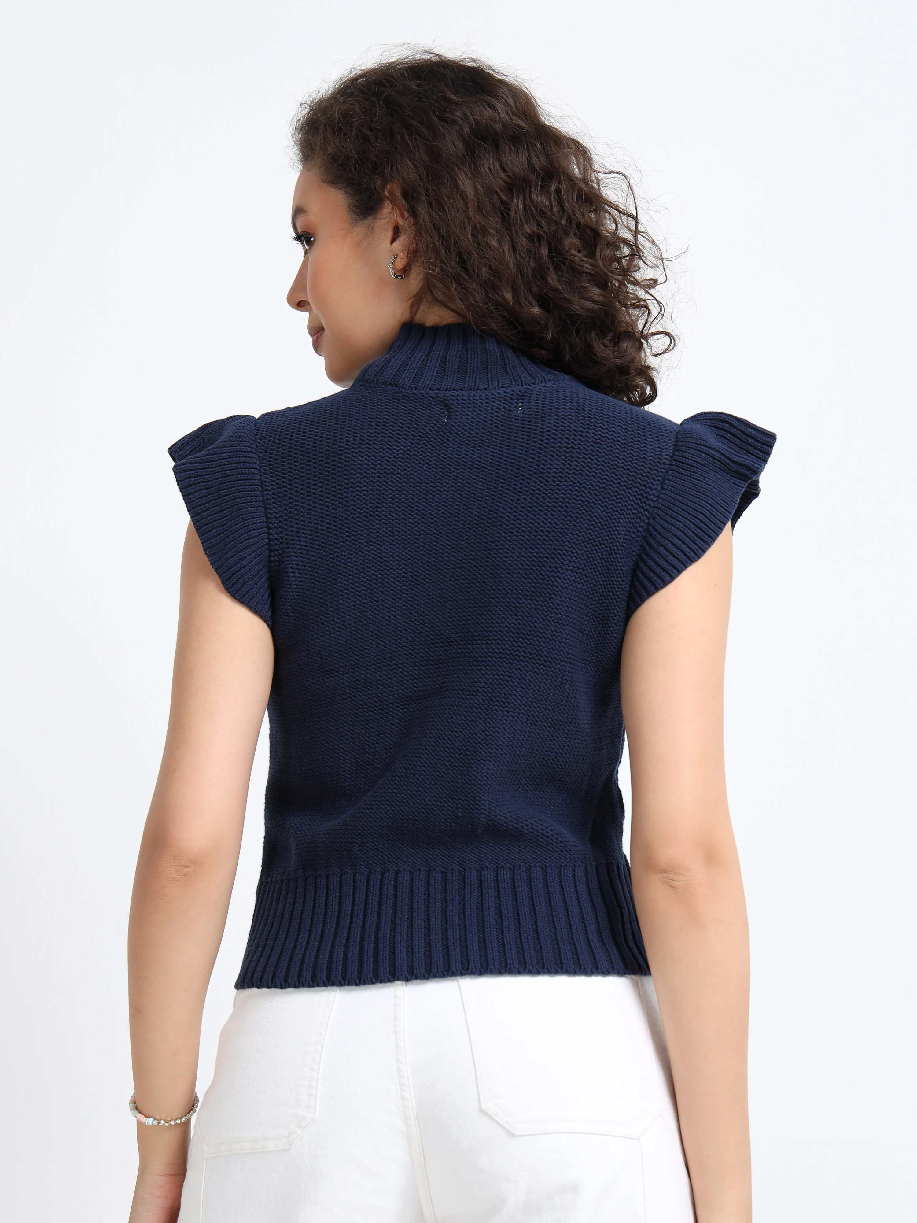 Women Navy Cable Knit Sweater - Image 3