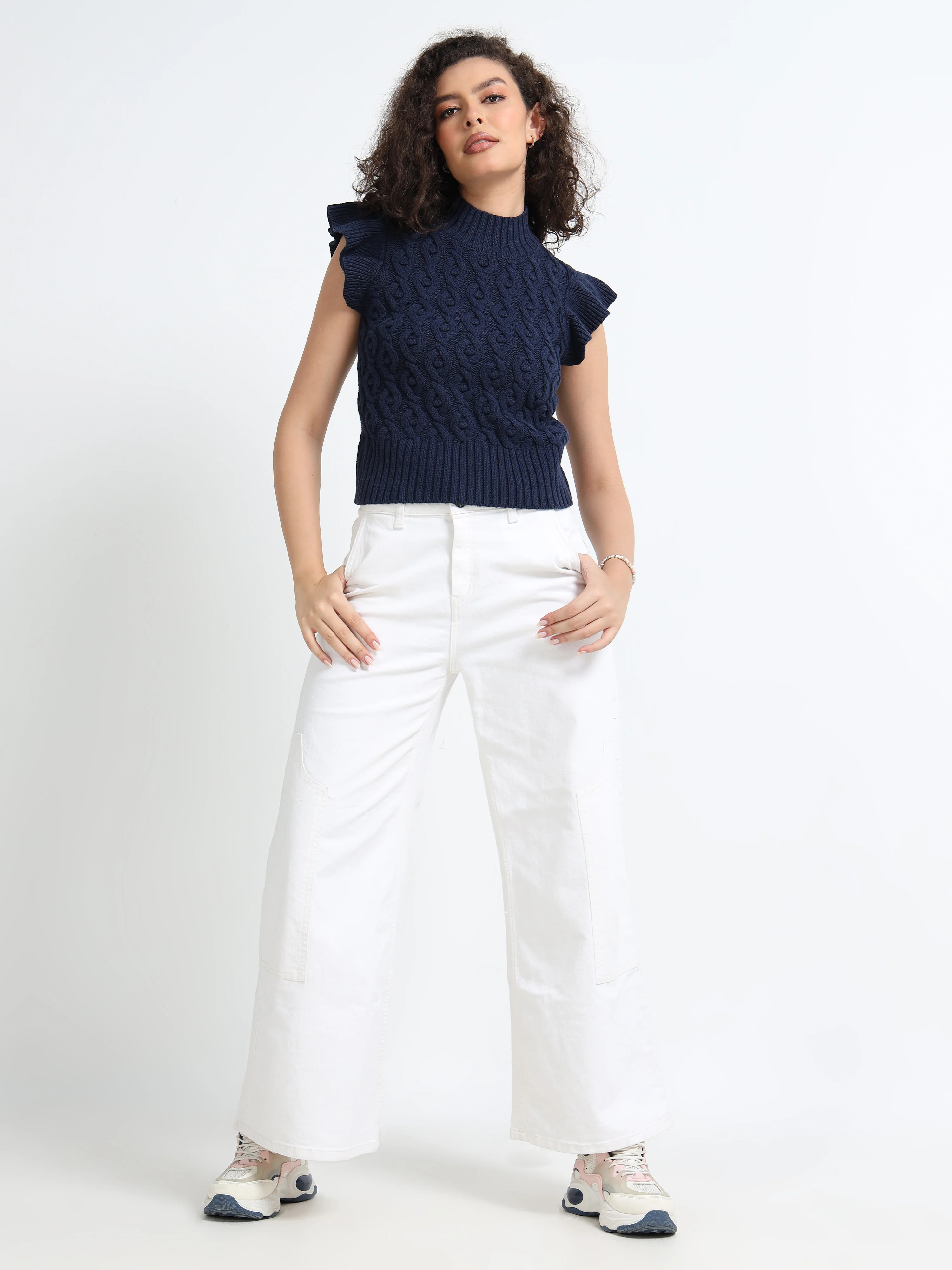 Women Navy Cable Knit Sweater - Image 5