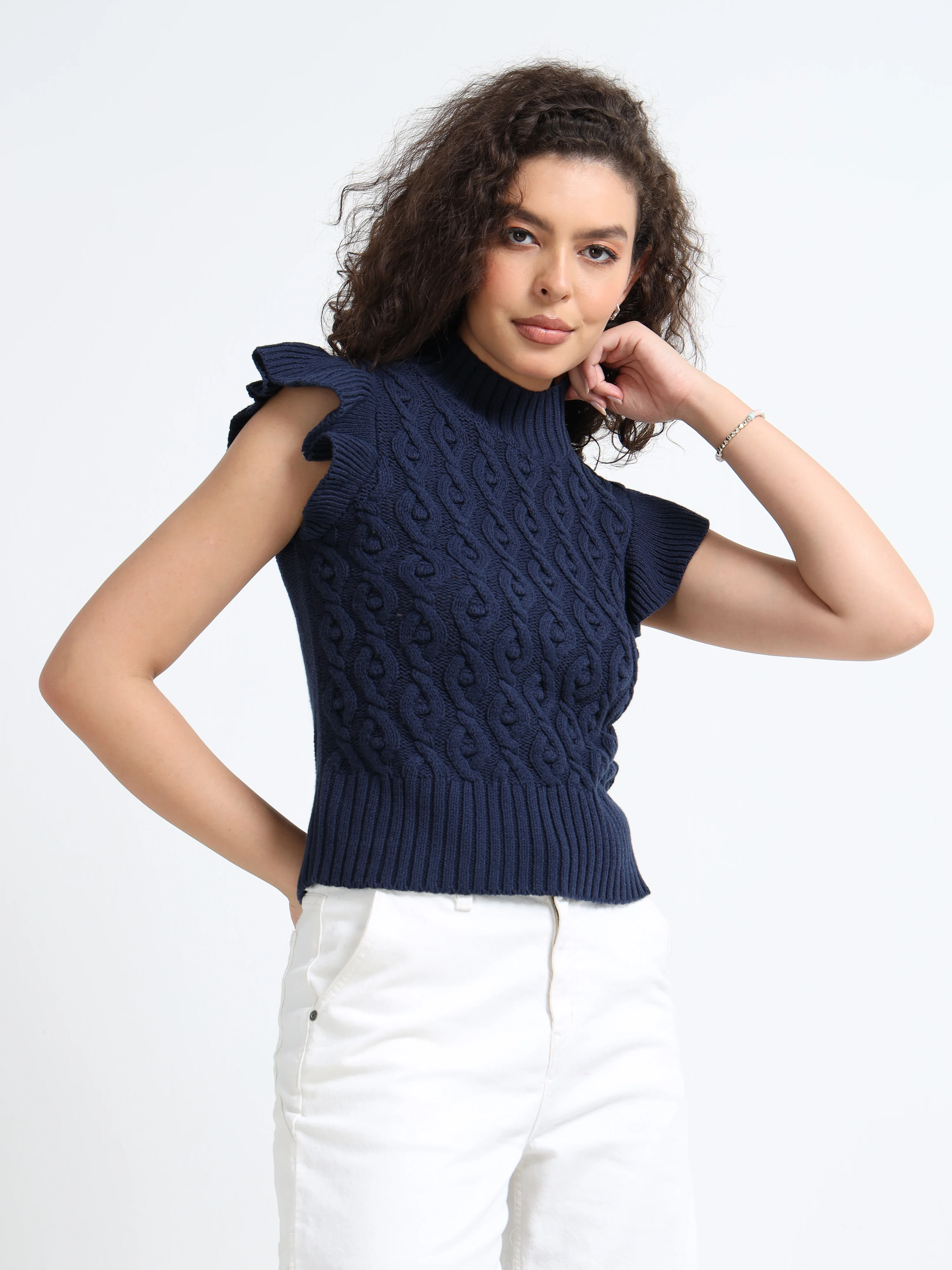 Women Navy Cable Knit Sweater - Image 6
