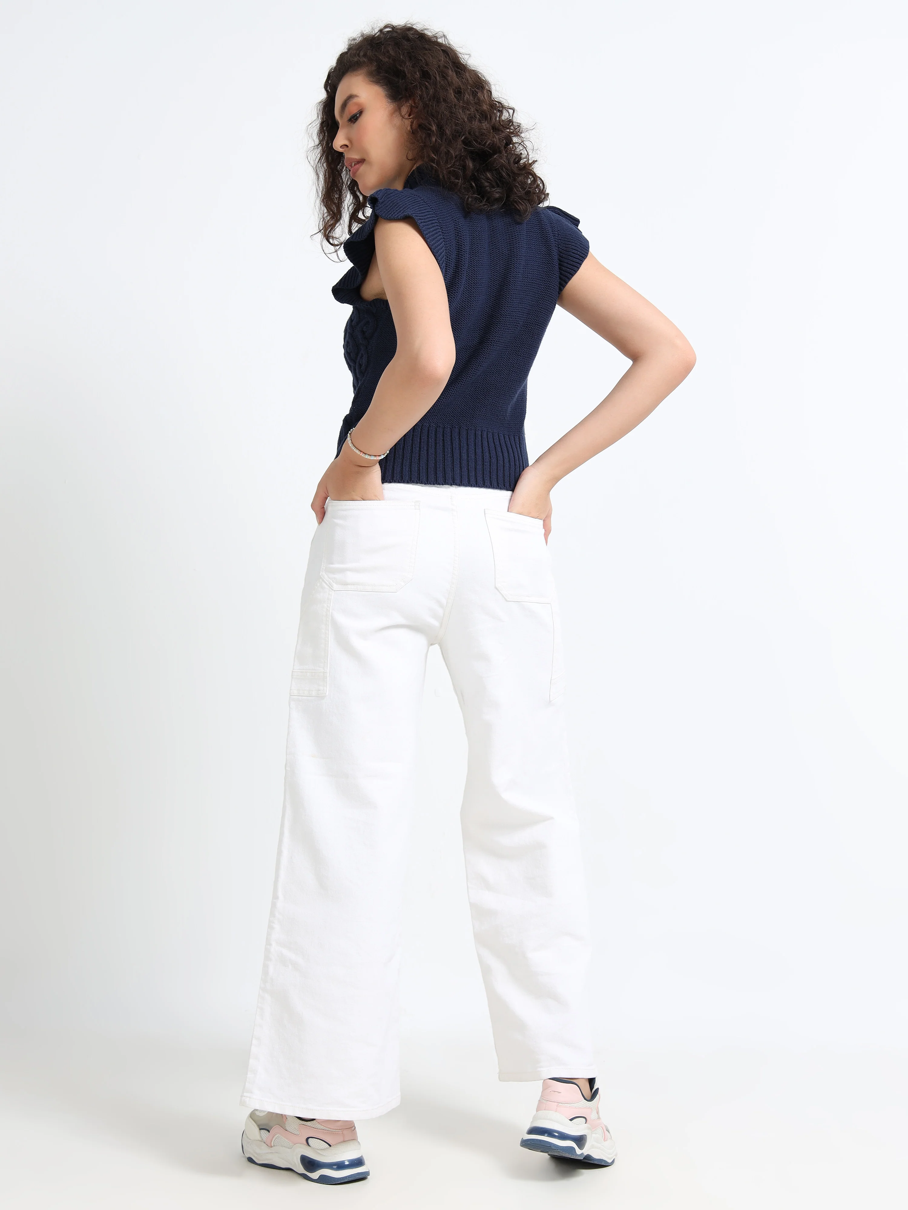 Women Navy Cable Knit Sweater - Image 7