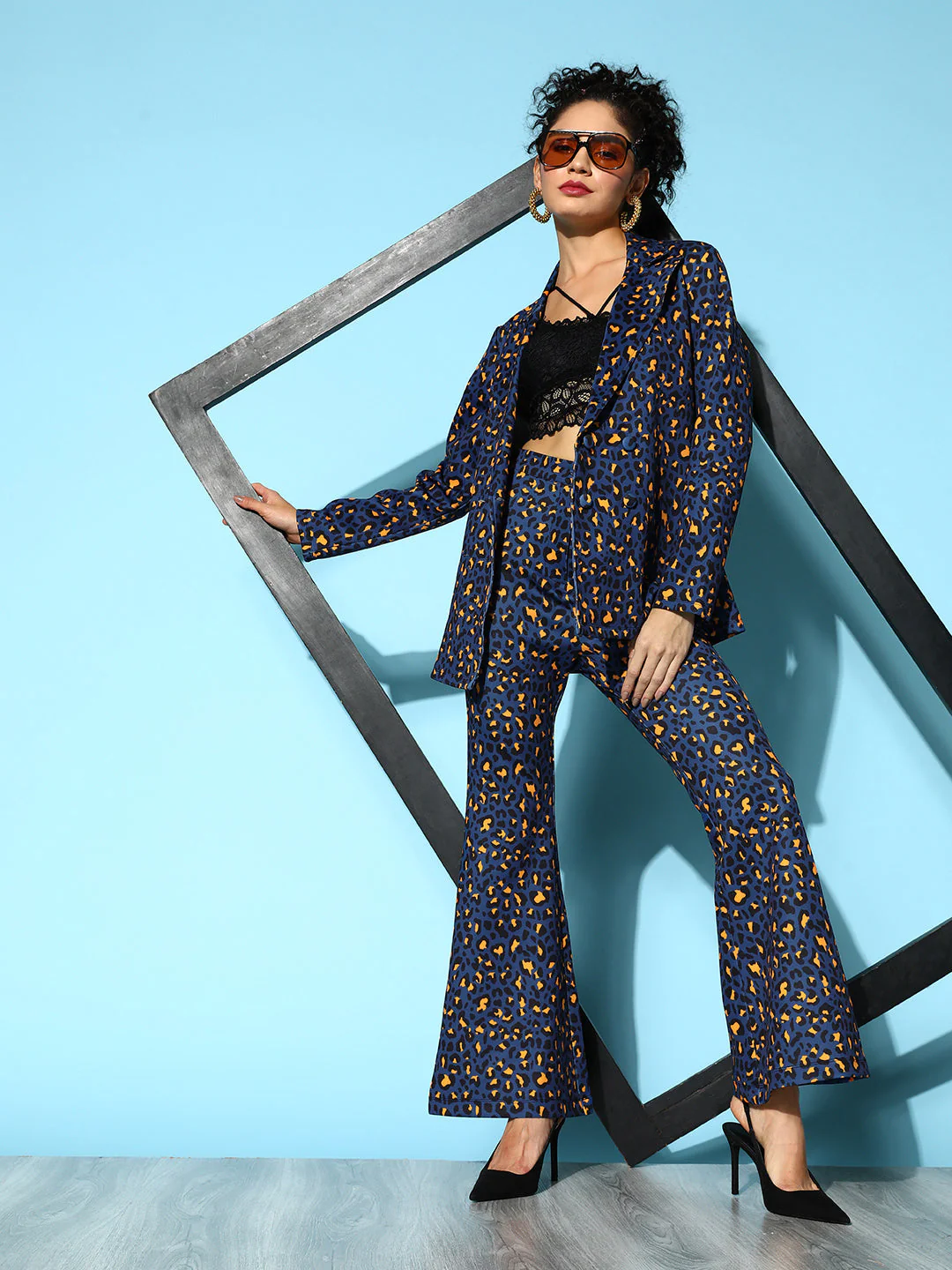 Women Navy Cheetah Scuba Bell Bottom Pants - Image 2