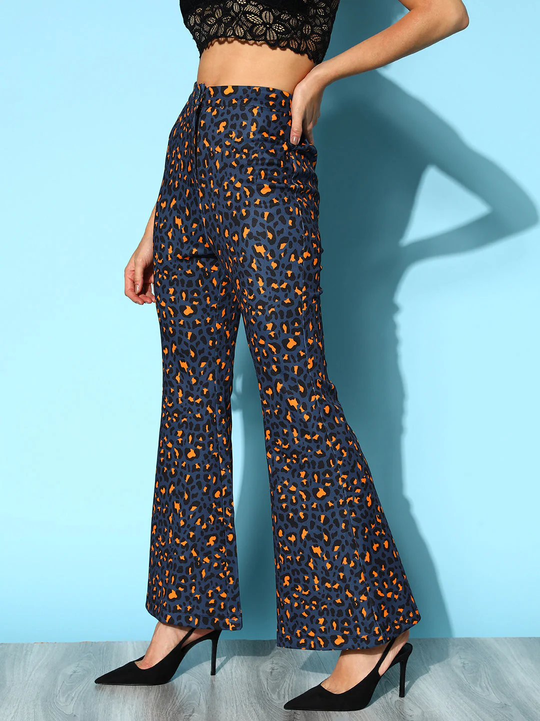 Women Navy Cheetah Scuba Bell Bottom Pants - Image 3