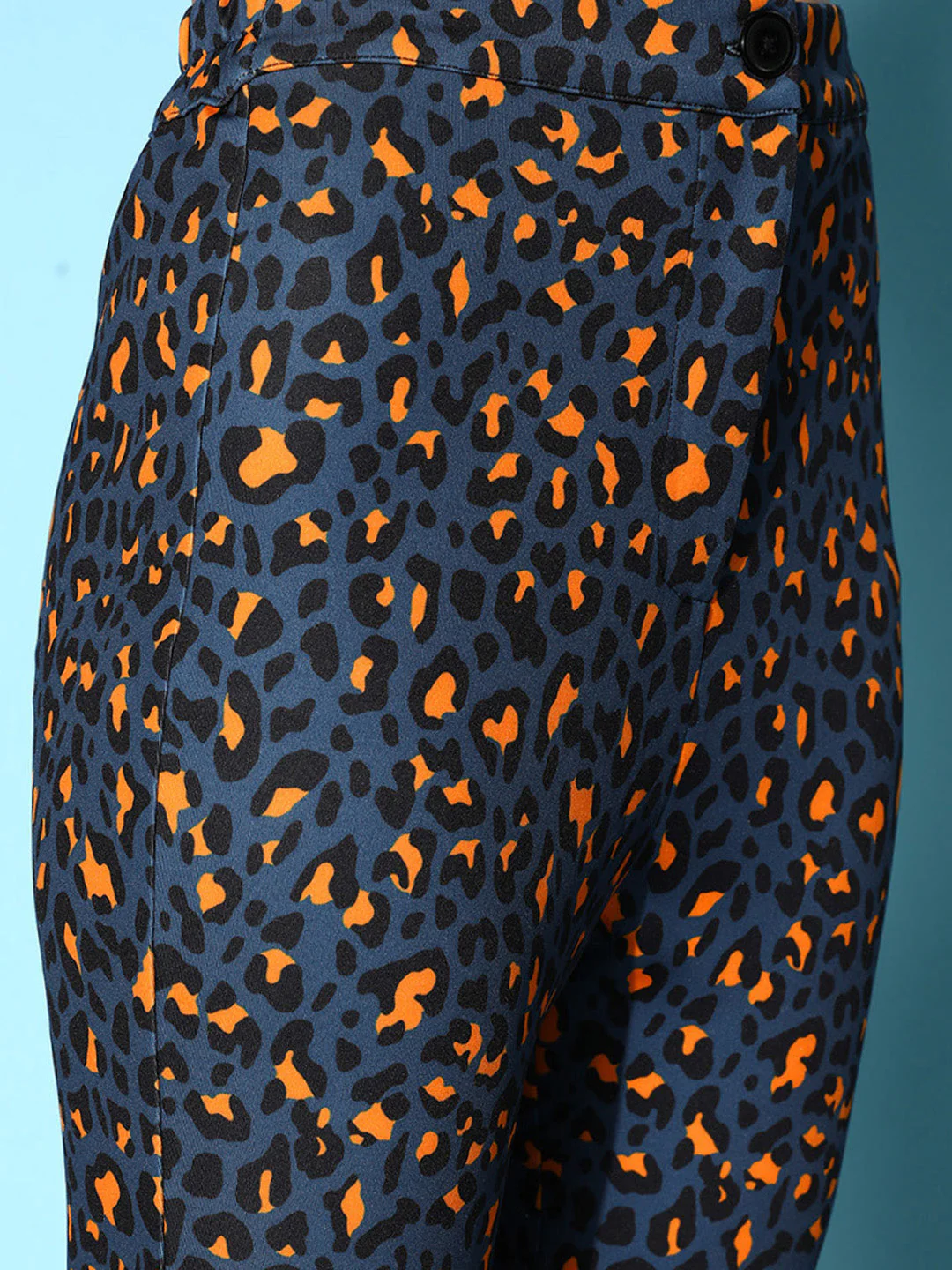 Women Navy Cheetah Scuba Bell Bottom Pants - Image 5