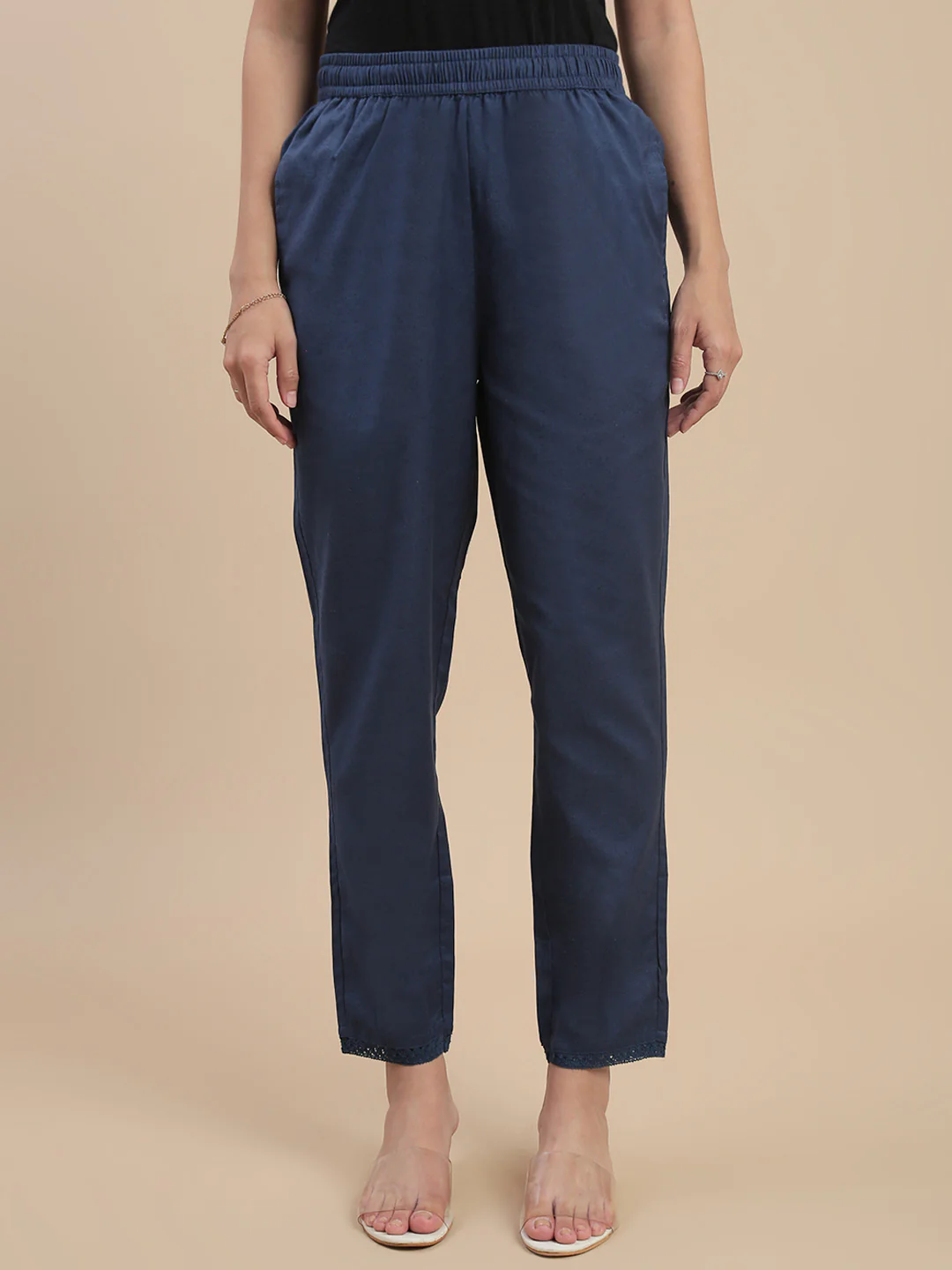Women Navy Cotton Lace Pants - Image 2