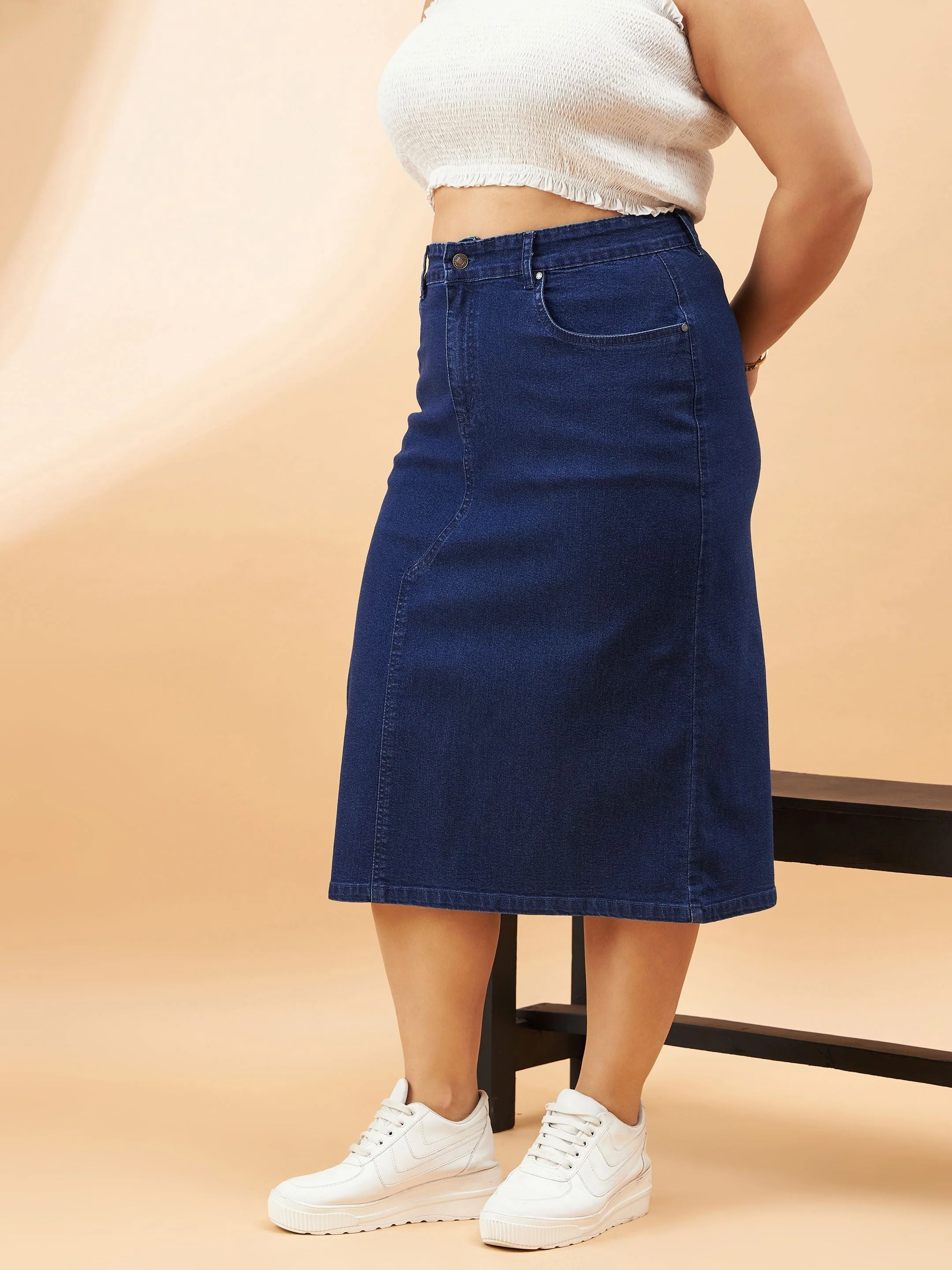 Women Navy Denim Acid Wash A-Line Skirt - Image 3