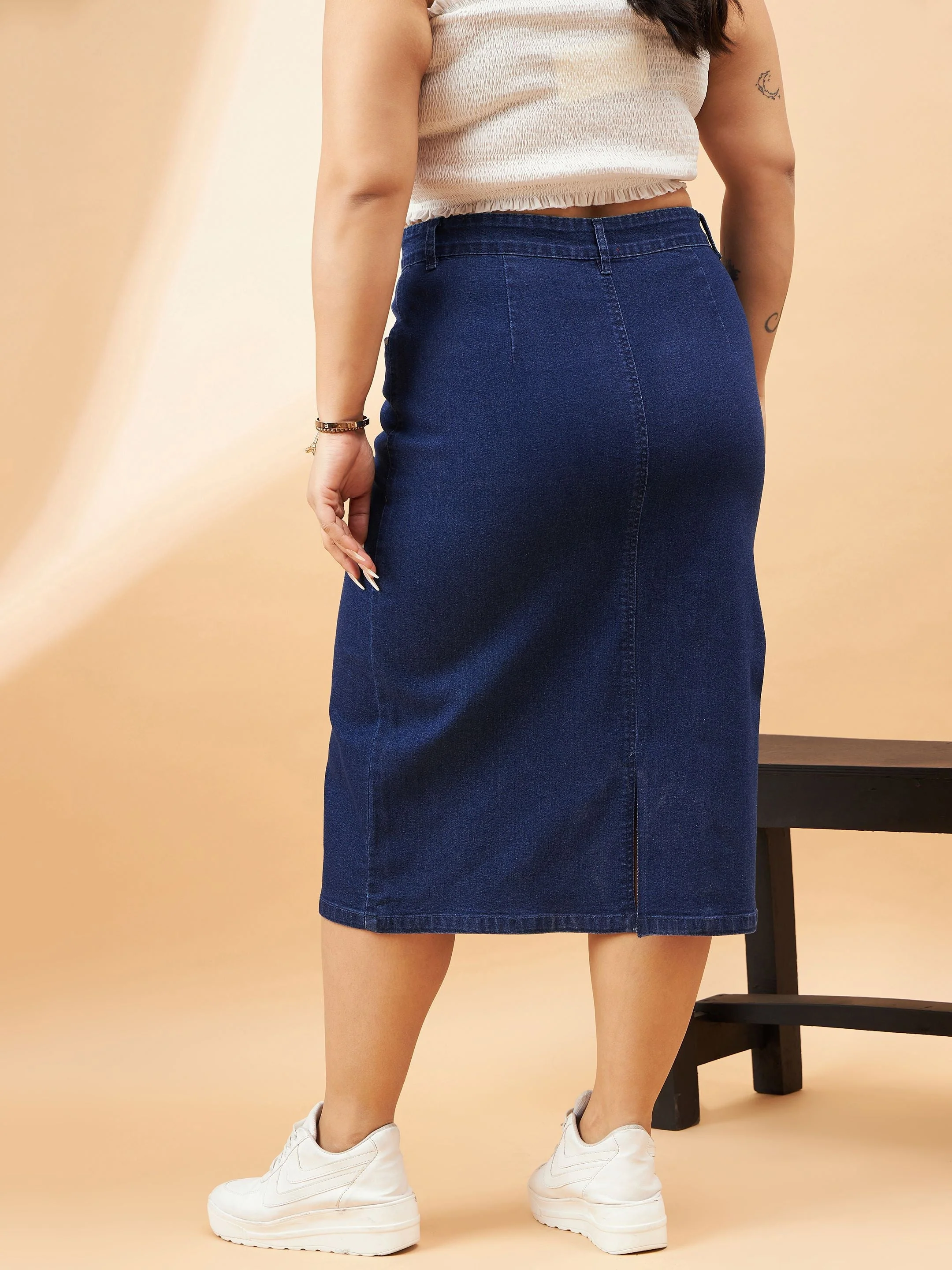 Women Navy Denim Acid Wash A-Line Skirt - Image 5