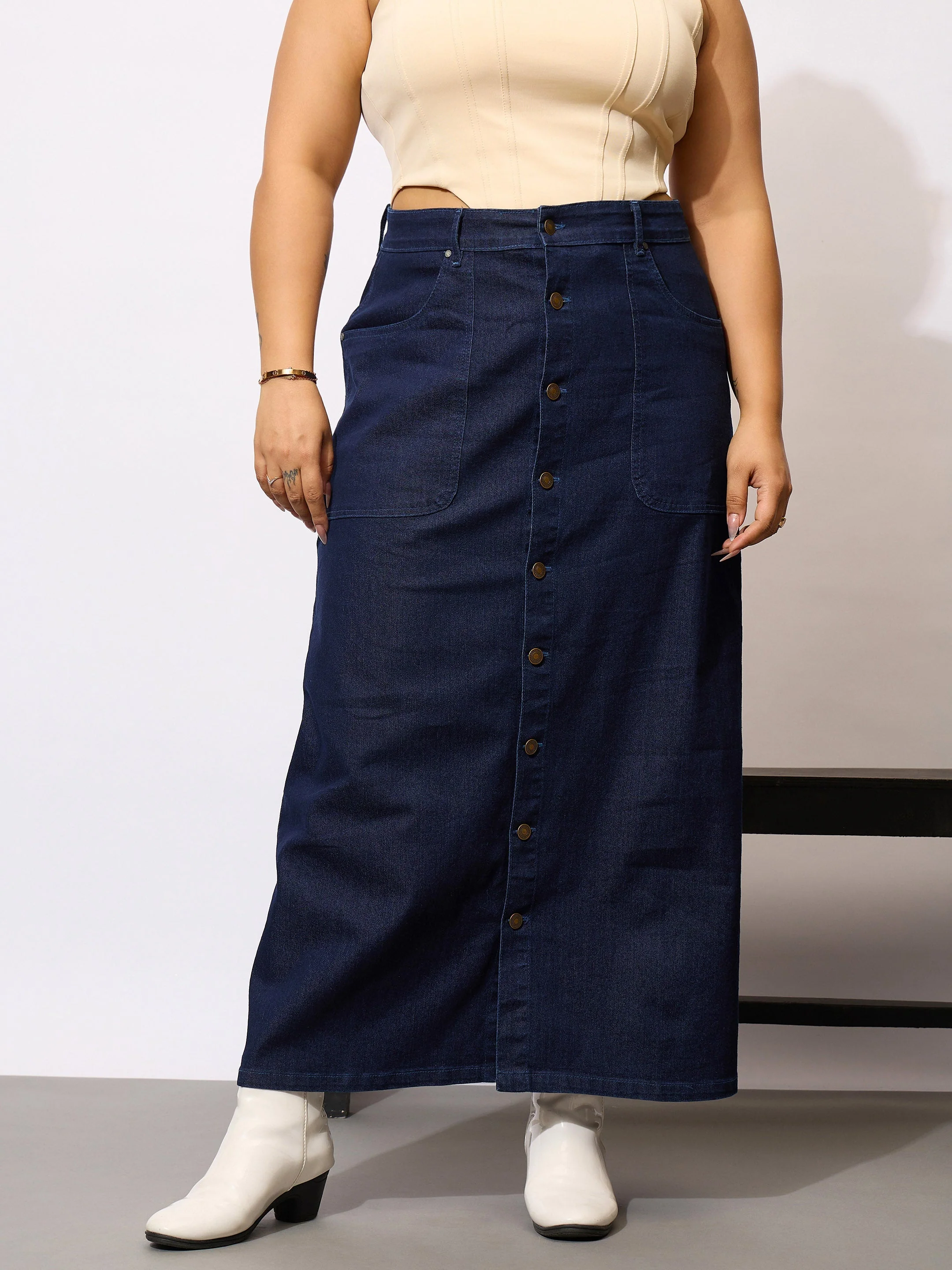 Women Navy Denim Acid Wash Front Button Skirt - Image 2