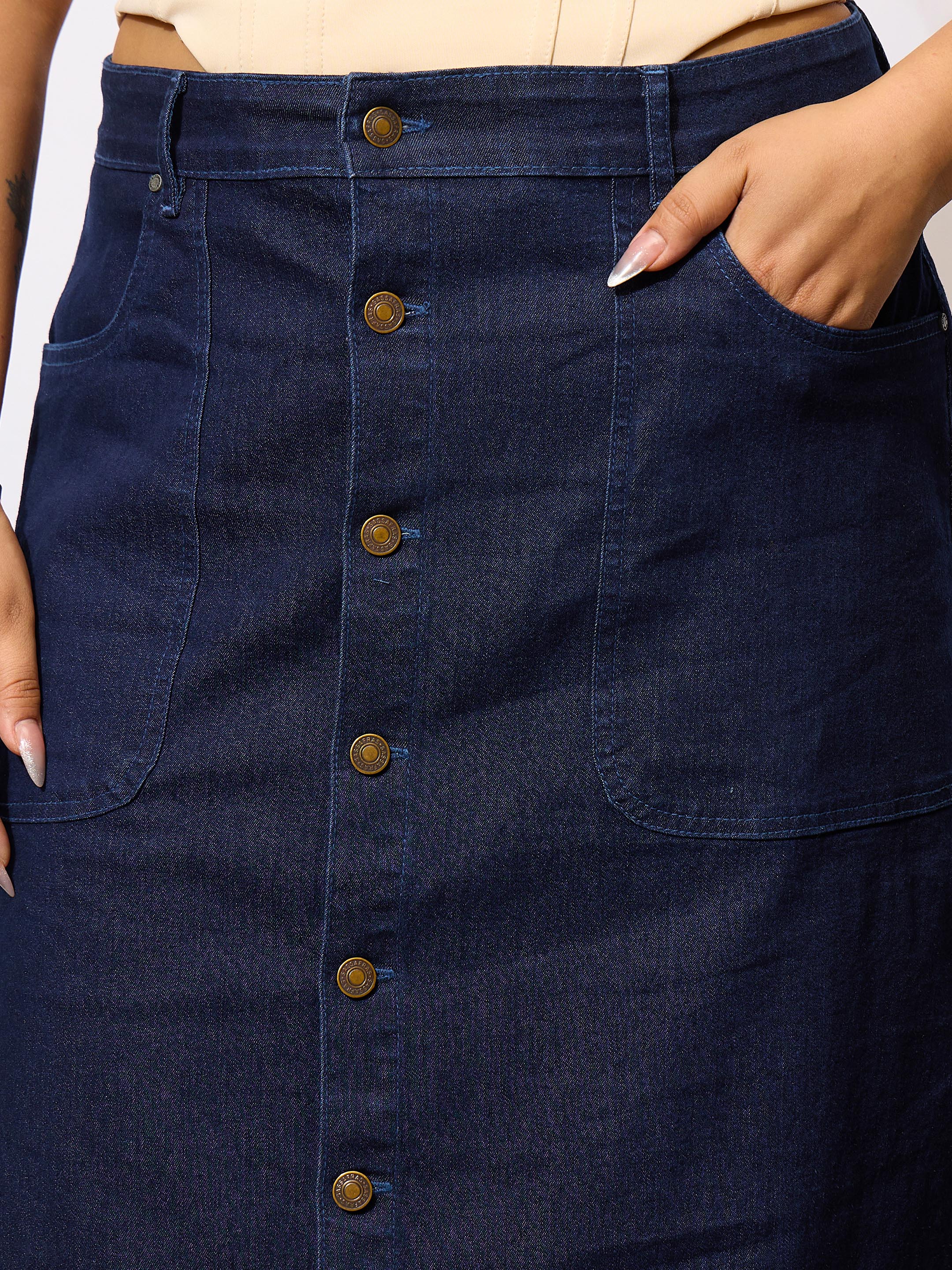 Women Navy Denim Acid Wash Front Button Skirt - Image 4