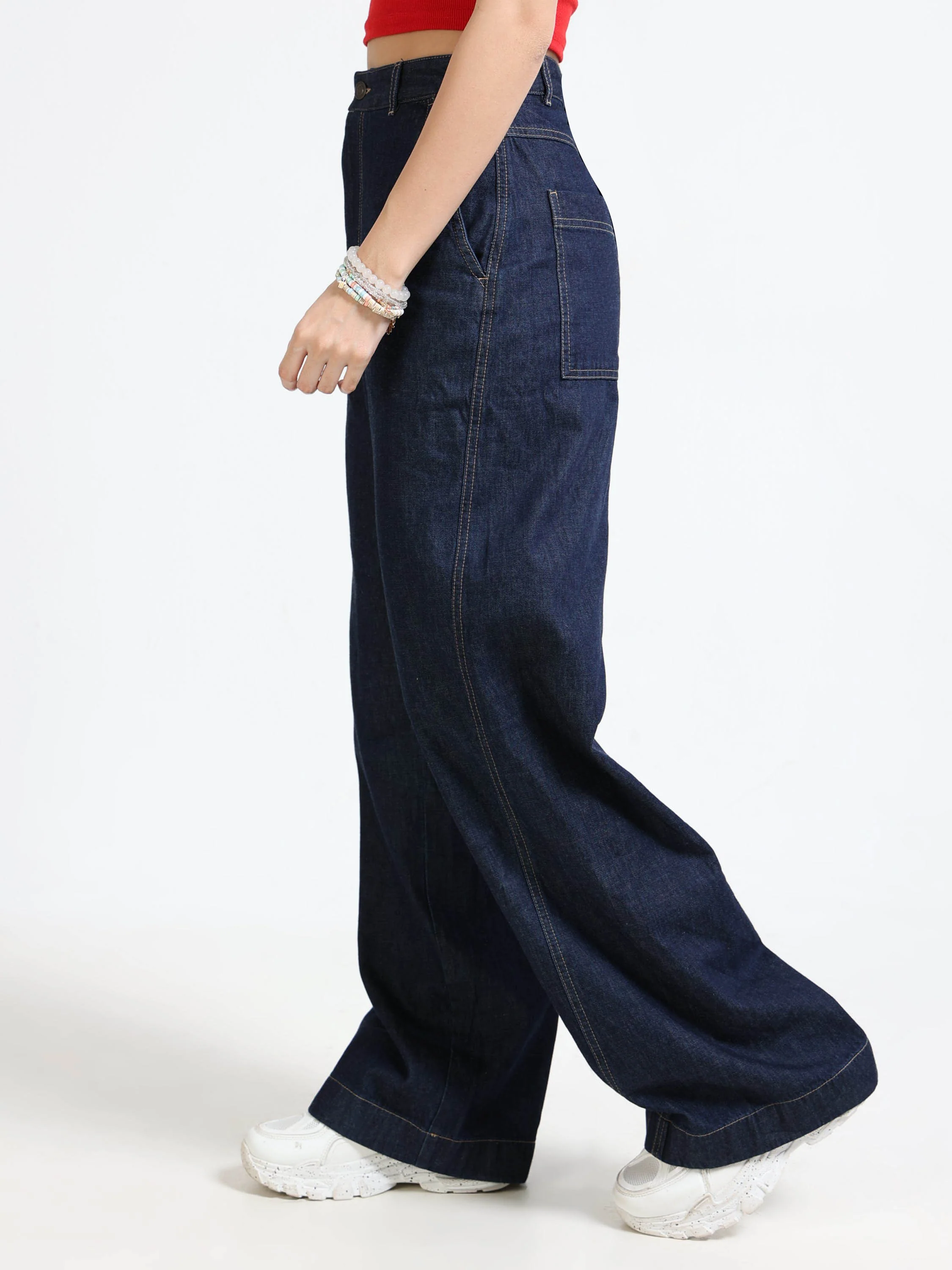 Women Navy Denim Baggy Pants - Image 3