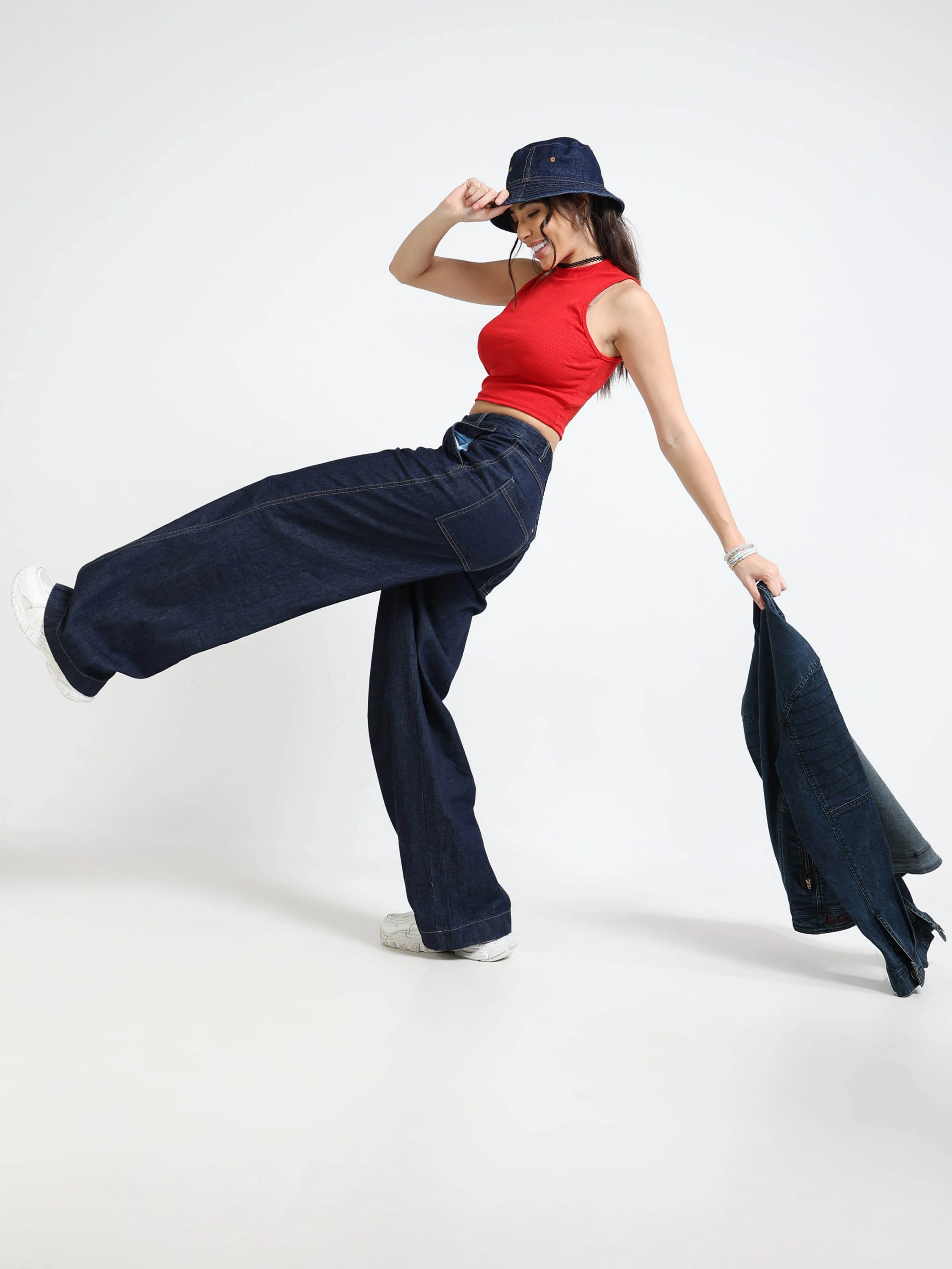 Women Navy Denim Baggy Pants - Image 5
