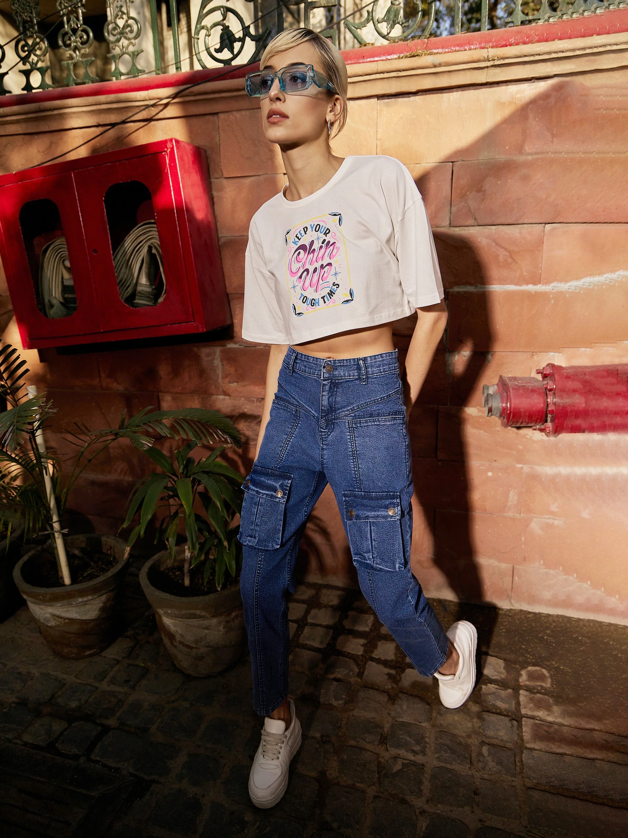 Women Navy Denim Front Patch Pocket Jeans - Image 3