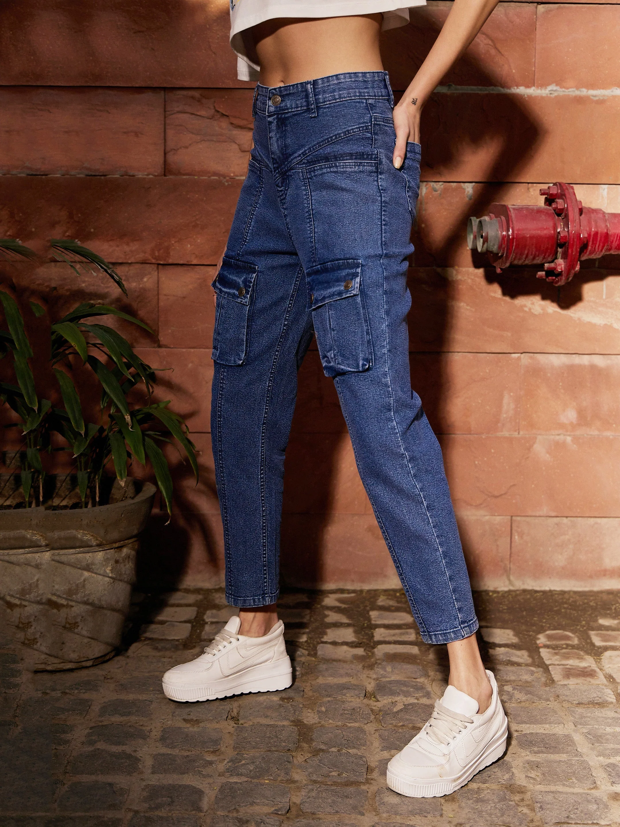 Women Navy Denim Front Patch Pocket Jeans - Image 4