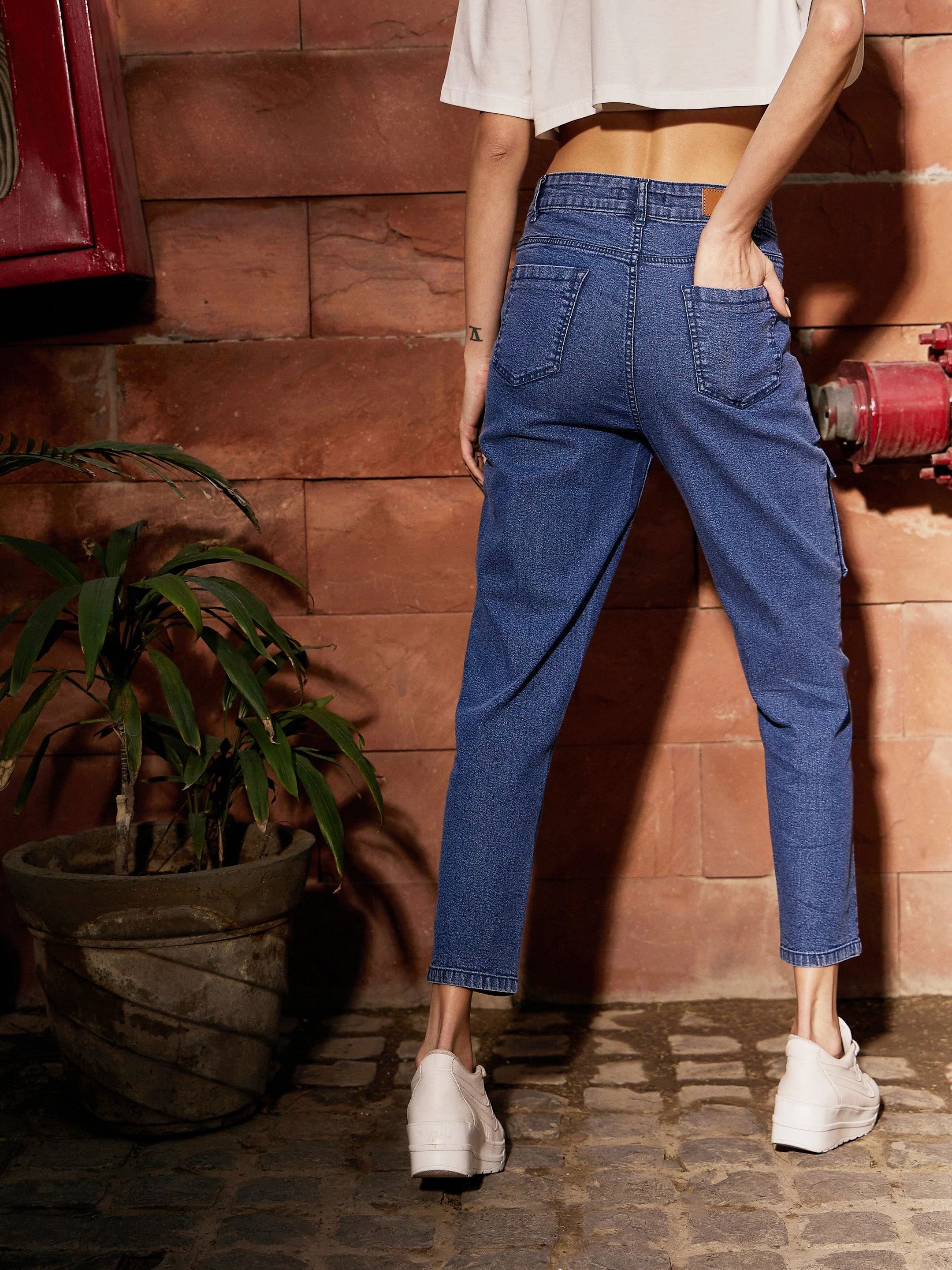 Women Navy Denim Front Patch Pocket Jeans - Image 6