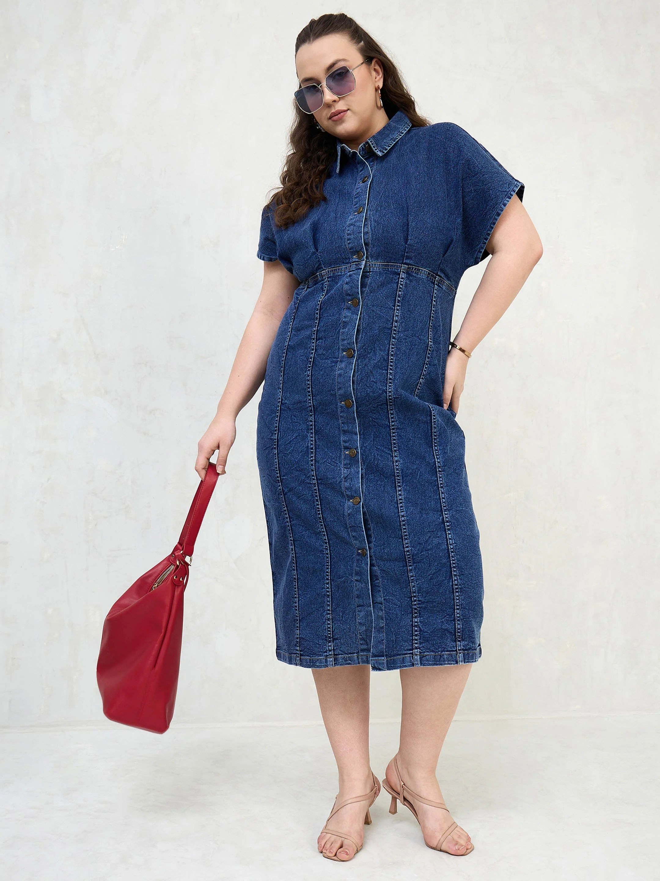 Women Navy Denim Kimono Sleeves Midi Dress - Image 2