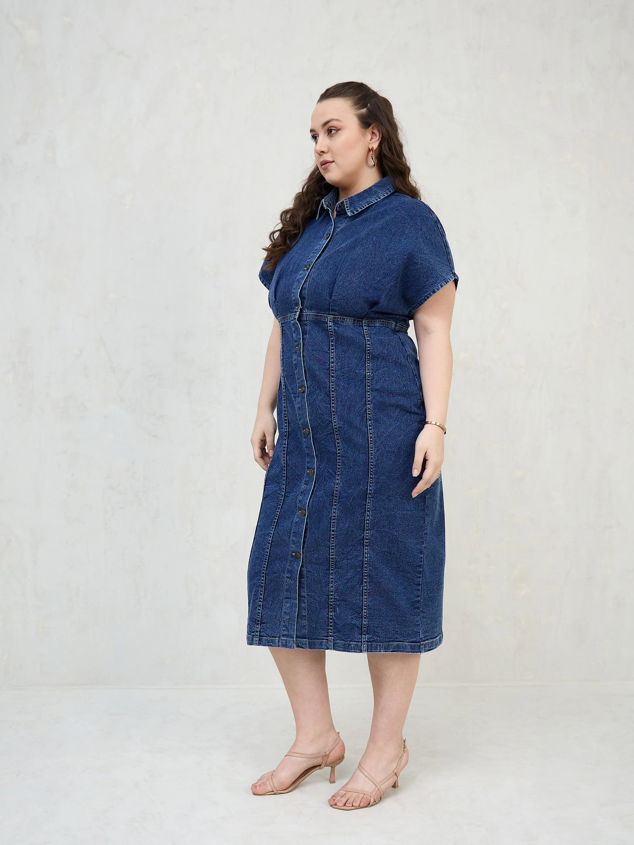Women Navy Denim Kimono Sleeves Midi Dress - Image 3